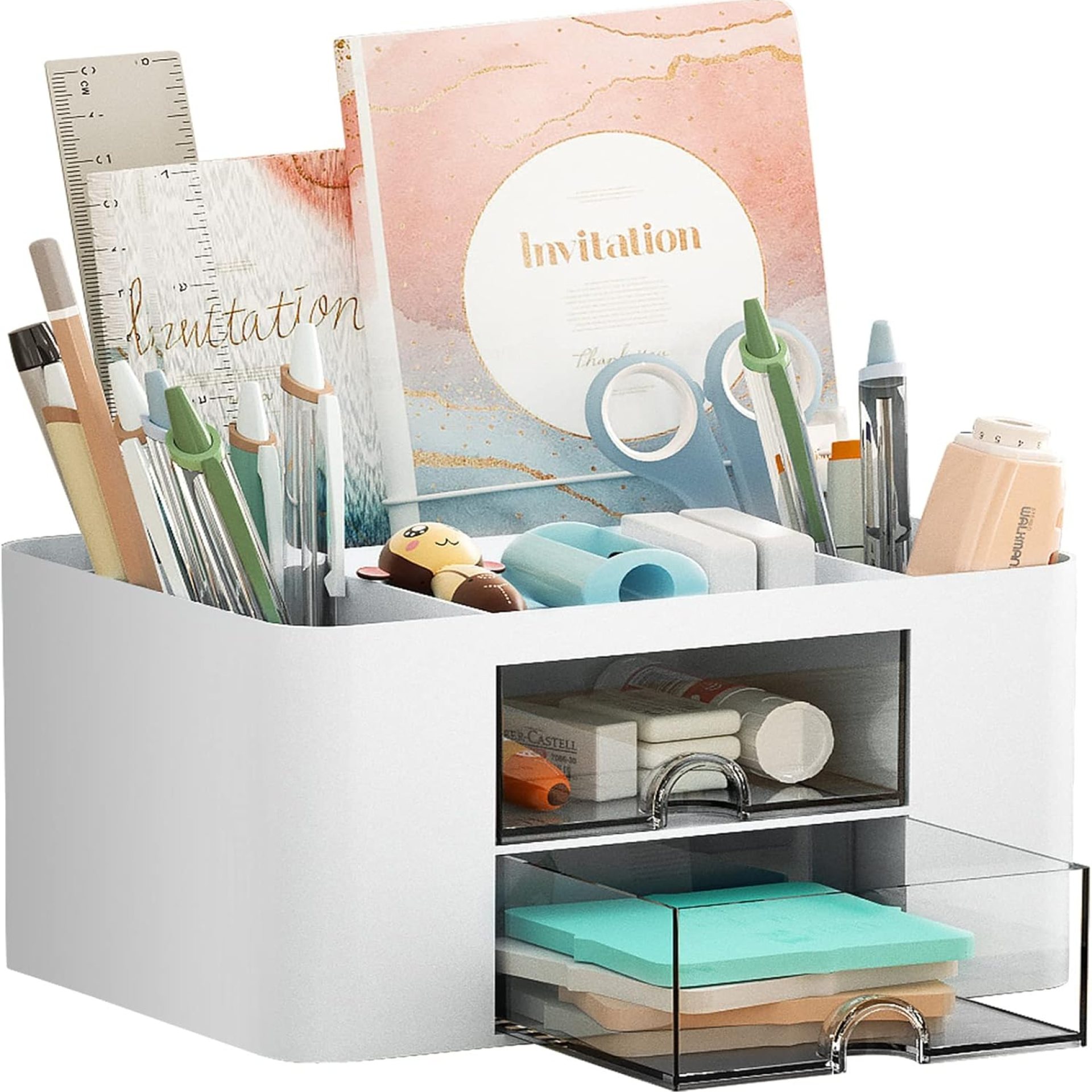 Marbrasse Pen Organizer with 2 Drawer, Multi-Functional Pencil Holder for Desk, Desk Organizers and Accessories with 5 Compartments + Drawer for Office Art Supplies (White) Marbrasse Pen Organizer with 2 Drawer, Multi-Functional Pencil Holder for Desk, Desk Organizers and Accessories with 5 Compartments + Drawer for Office Art Supplies (White)