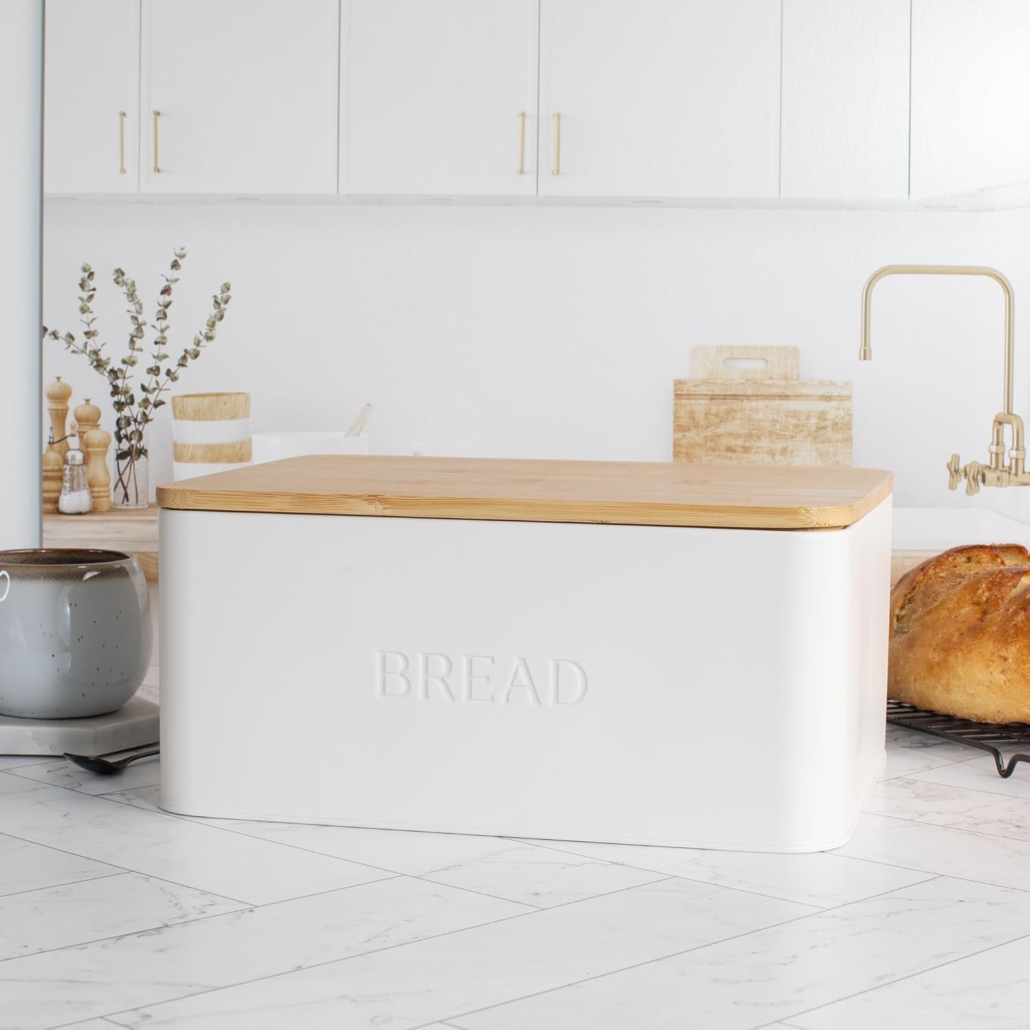 ZICOTO Beautiful Bread Box With Wooden Lid For Your Kitchen Countertop – Spacious Container Perfectly Stores Your Homemade Bread, English Muffins & Bagels – Quality Cutting Board Lid Keeps Loaf Fresh ZICOTO Beautiful Bread Box With Wooden Lid For Your Kitchen Countertop – Spacious Container Perfectly Stores Your Homemade Bread, English Muffins & Bagels – Quality Cutting Board Lid Keeps Loaf Fresh
