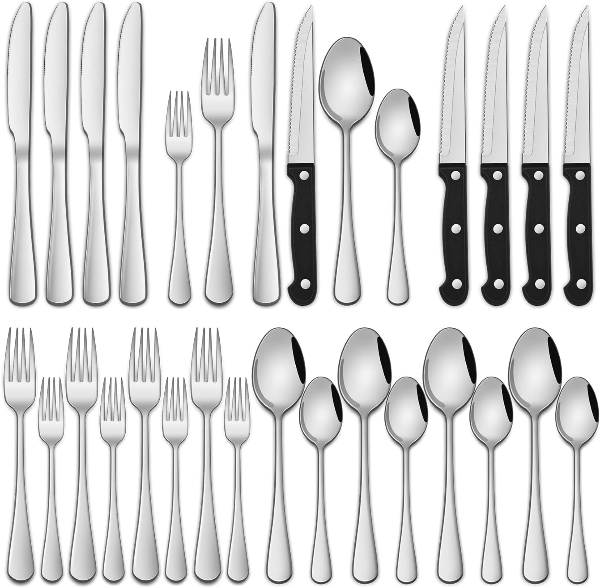 24-Piece Silverware Set with Steak Knives,Flatware Set Service for 4 Person, Food-Grade Stainless Steel Cutlery Set,Includes Knife Spoon And Fork, Mirror Finished Utensil Sets for Home Restaurant 24-Piece Silverware Set with Steak Knives,Flatware Set Service for 4 Person, Food-Grade Stainless Steel Cutlery Set,Includes Knife Spoon And Fork, Mirror Finished Utensil Sets for Home Restaurant