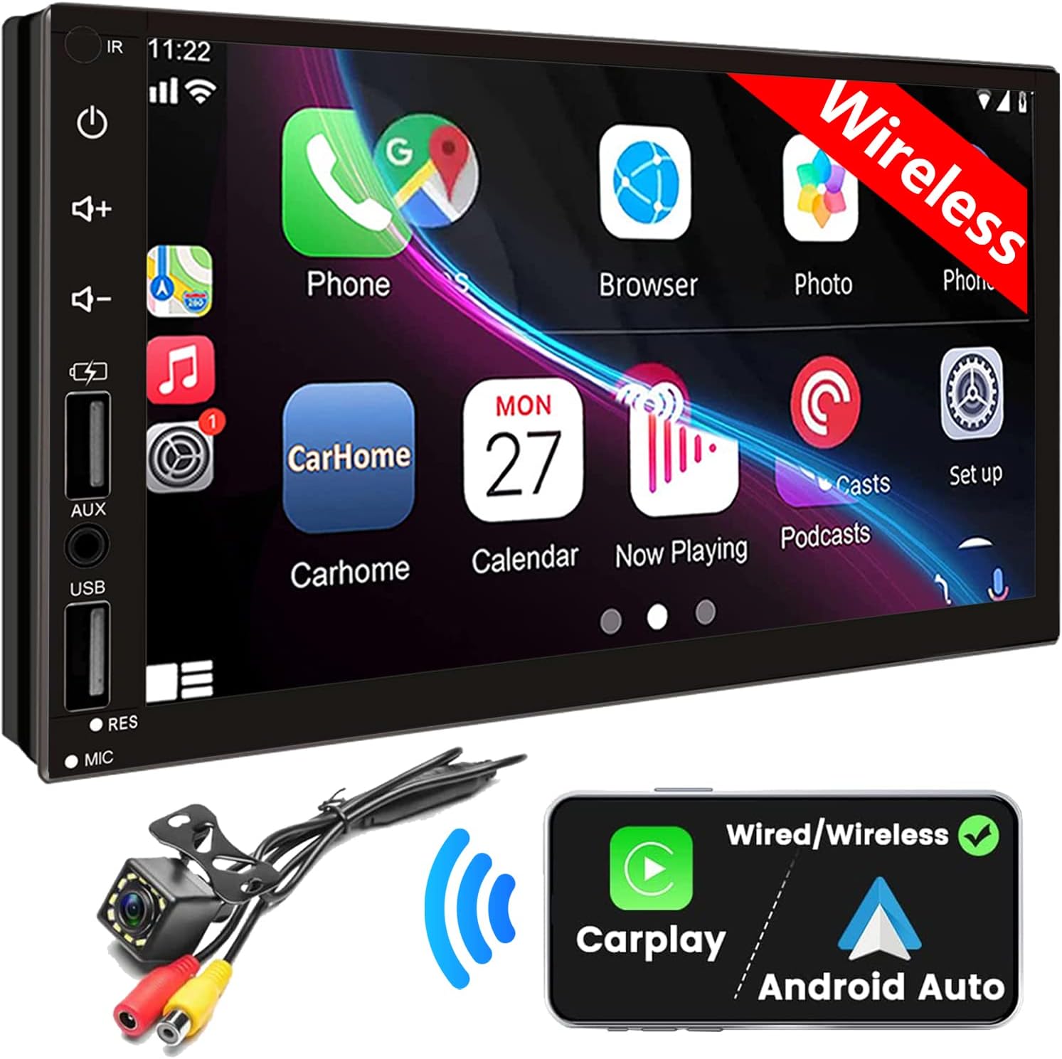 Double Din Car Stereo with Wireless Apple CarPlay & Android Auto, 7inch Touchscreen Car Audio Receiver, Wireless Car Radio with Bluetooth, Backup Camera/Mirrorlink/FM/SWC/Subwoofer/2 USB/AUX Input Double Din Car Stereo with Wireless Apple CarPlay & Android Auto, 7inch Touchscreen Car Audio Receiver, Wireless Car Radio with Bluetooth, Backup Camera/Mirrorlink/FM/SWC/Subwoofer/2 USB/AUX Input