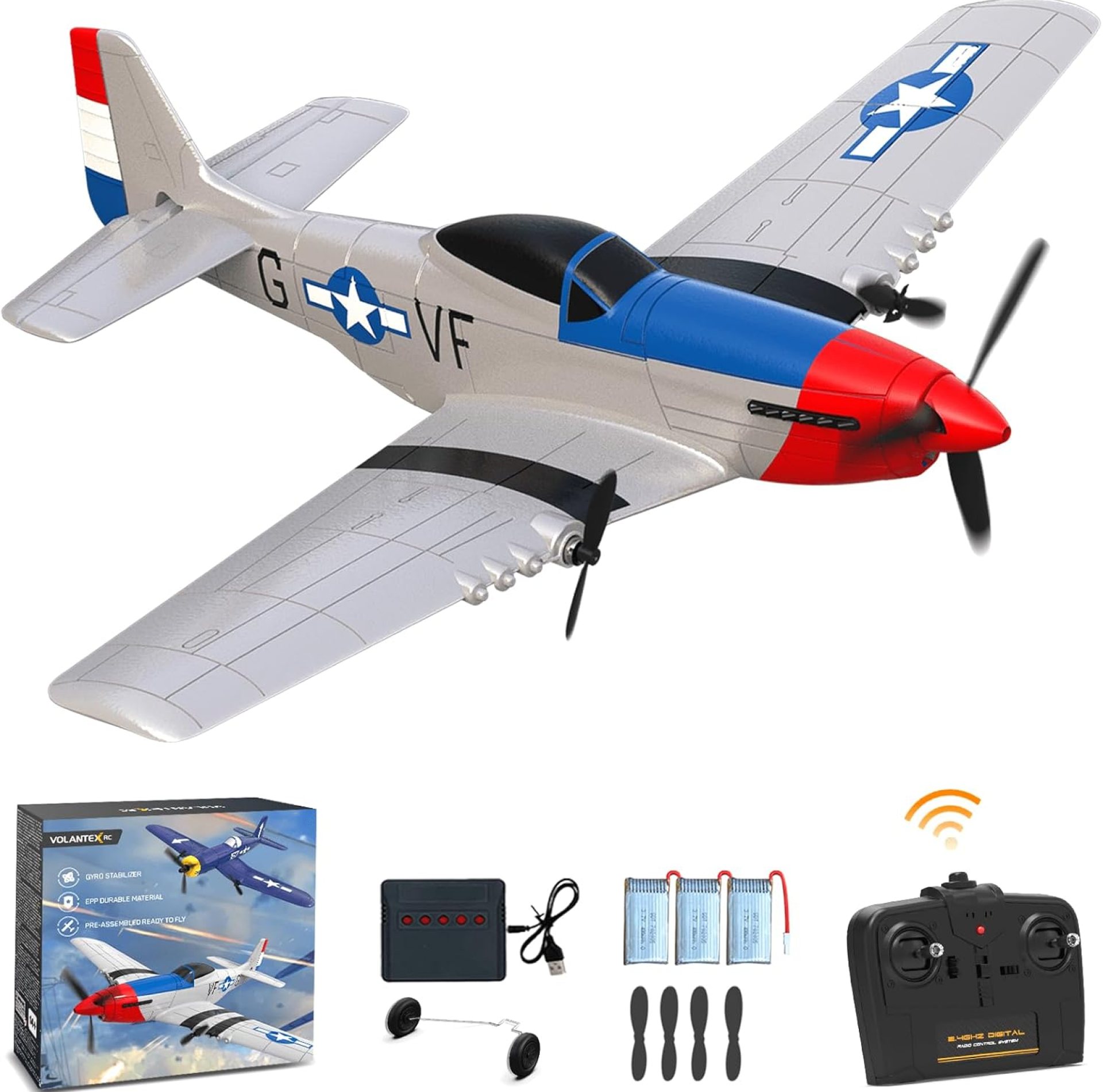 VOLANTEXRC RC Plane for Beginners, 3-CH P-51D Mustang Remote Control Airplane for Adults and Kids, 6-Axis Gyro, Easy to Fly, Suitable for Outdoor Activity VOLANTEXRC RC Plane for Beginners, 3-CH P-51D Mustang Remote Control Airplane for Adults and Kids, 6-Axis Gyro, Easy to Fly, Suitable for Outdoor Activity