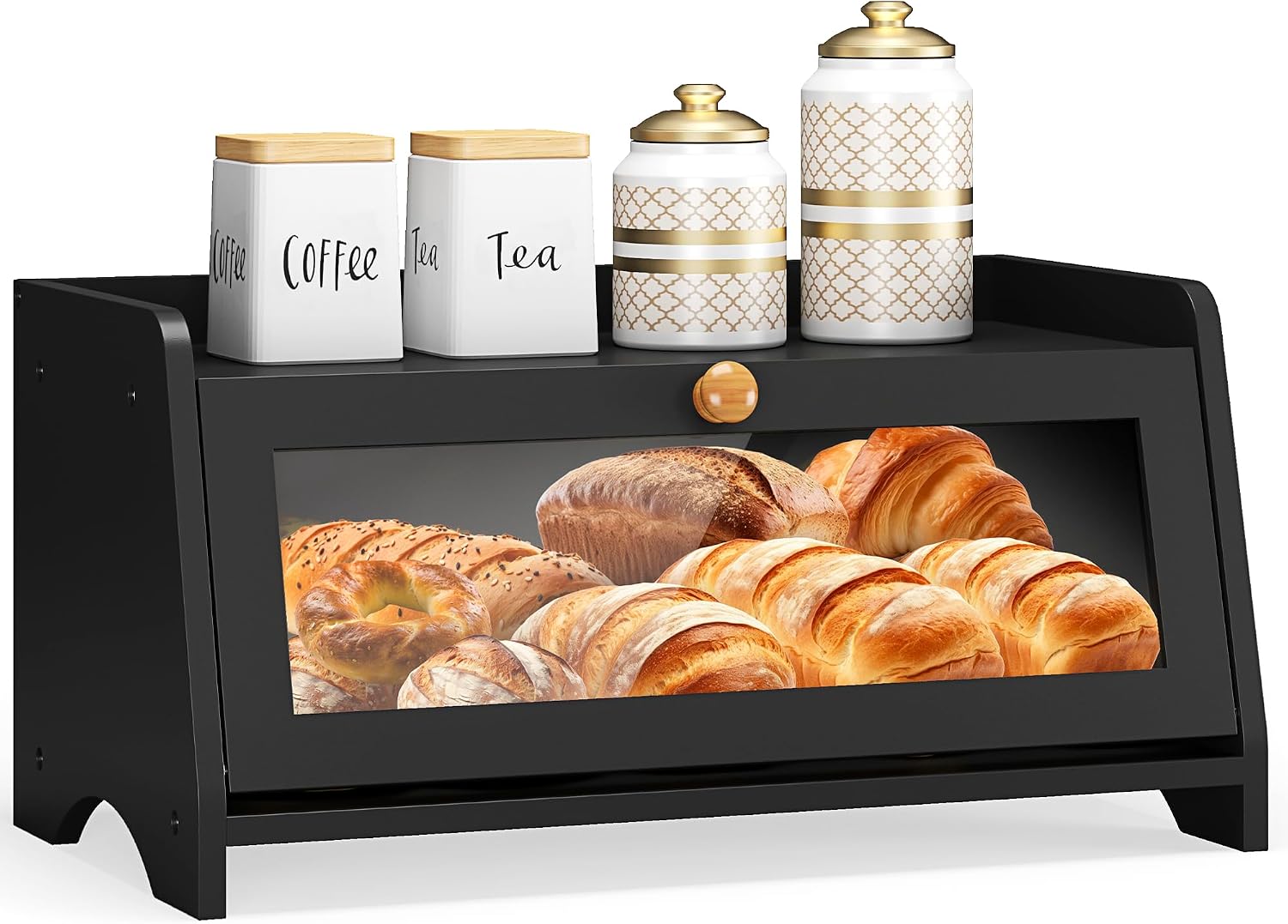 Bread Box for Kitchen Countertop, Large Bread Container Storage, Wooden Farmhouse Bread Box with Window Bread Holder (Black) Bread Box for Kitchen Countertop, Large Bread Container Storage, Wooden Farmhouse Bread Box with Window Bread Holder (Black)