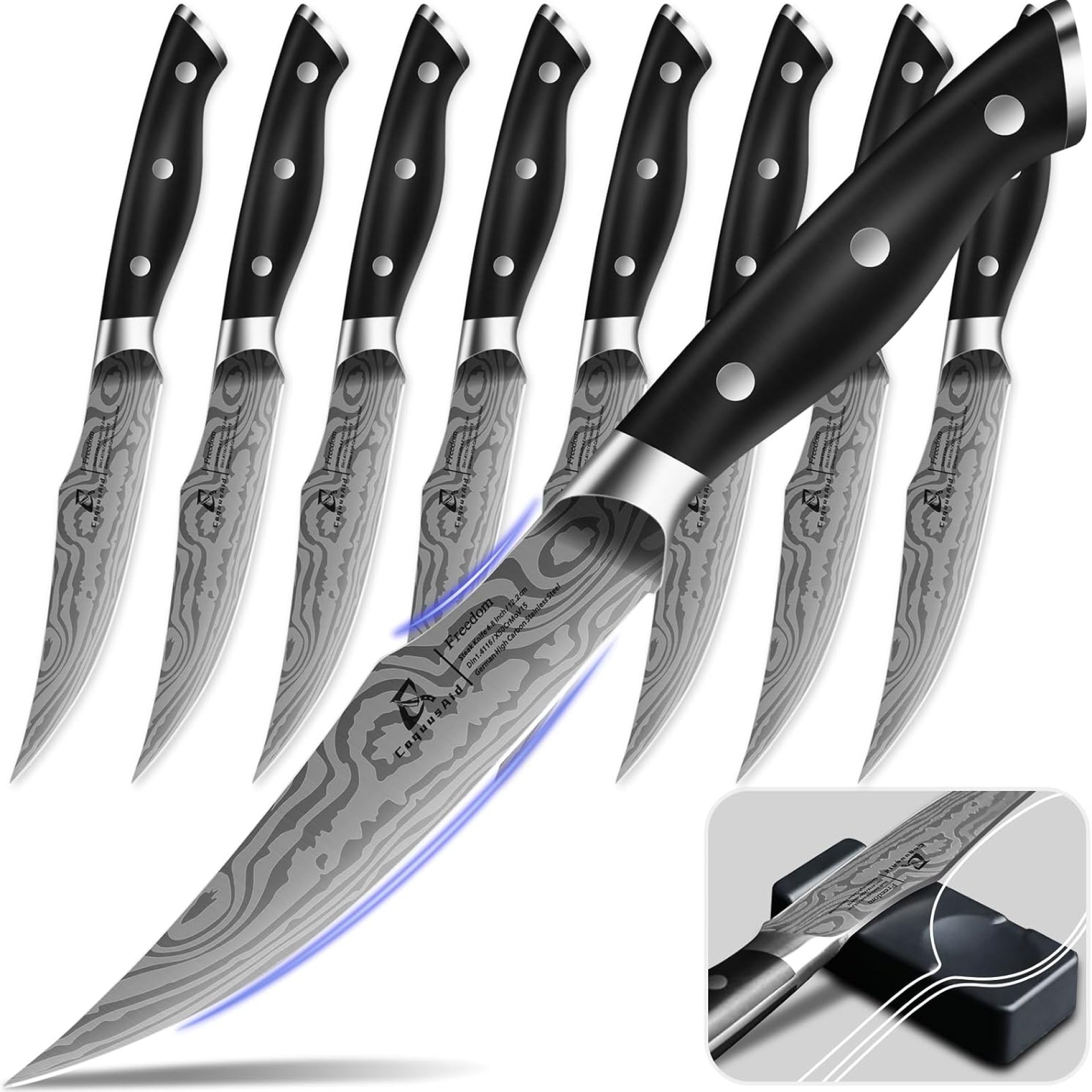 Steak Knives Set of 8, 4.8 Inch Straight Edge Ultra Sharp Durable Meat knives with Rest, High Carbon Stainless Steel Damascus Pattern Triple Rivet Handle, Ideal for Home Restaurant Party Steak Knives Set of 8, 4.8 Inch Straight Edge Ultra Sharp Durable Meat knives with Rest, High Carbon Stainless Steel Damascus Pattern Triple Rivet Handle, Ideal for Home Restaurant Party