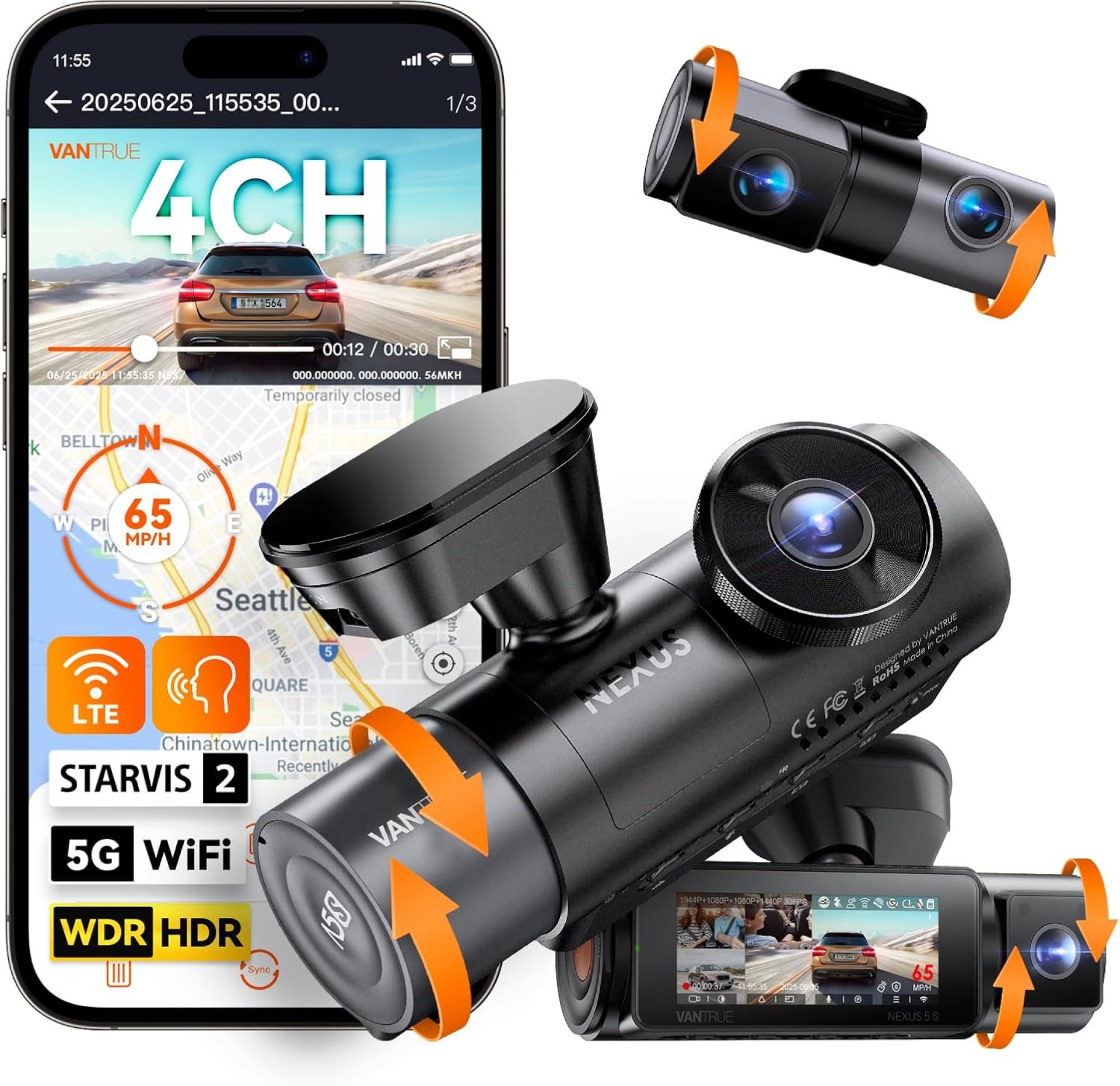 Vantrue N5S 4 Channel 360 Degree WiFi Dash Cam, STARVIS 2, IR Night Vision, 2.7K+1080P*2+1440P Front Rear Inside Dashcam, Voice Control, GPS, LTE Support, 24 Hours Parking Mode, Support 1TB Max Vantrue N5S 4 Channel 360 Degree WiFi Dash Cam, STARVIS 2, IR Night Vision, 2.7K+1080P*2+1440P Front Rear Inside Dashcam, Voice Control, GPS, LTE Support, 24 Hours Parking Mode, Support 1TB Max