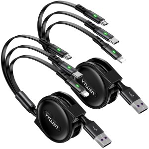 Coiled Multi Charging Cable 3A, 2Pack Retractable Lightning Cable, Multi Charger Cable 4Ft for Car, Retractable Car Charger with IP/Type C/Micro Ports for iPhone/iPad/Samsung Galaxy/Tablets/PS & More