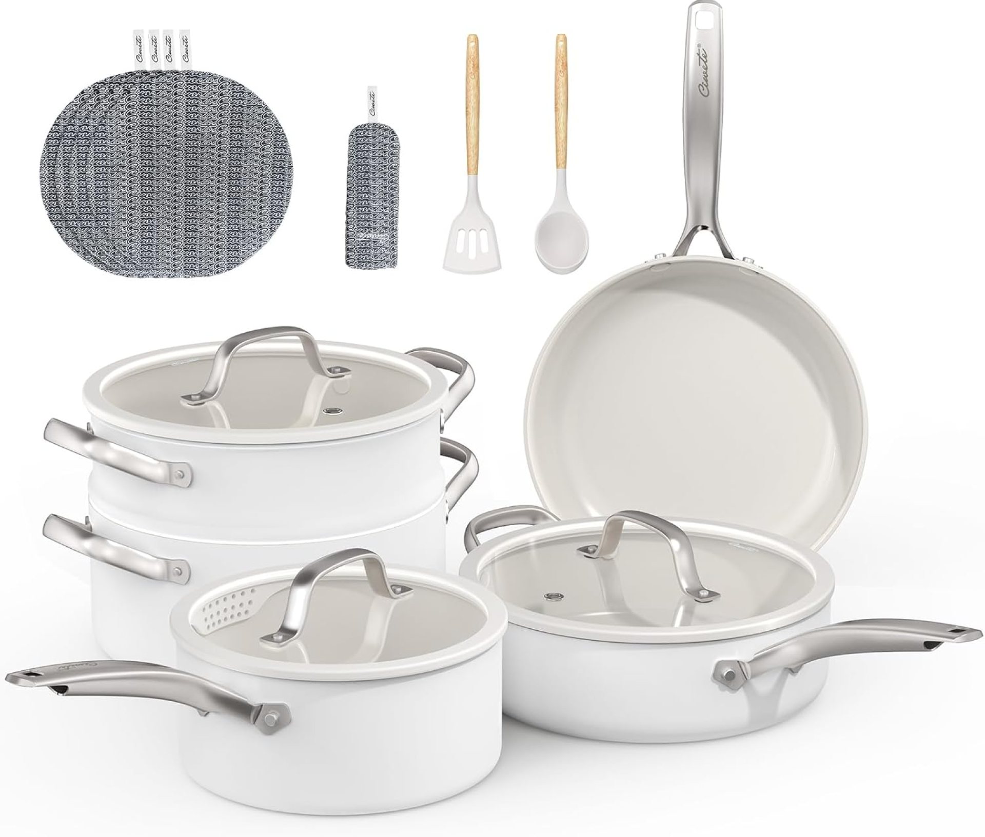 15 Pcs Pots and Pans Set Non Stick, Ceramic Cookware Set with Steamer, Non-Toxic Kitchen Cooking Set with Stay-Cool Ergonomic Handles, Oven & Dishwasher Safe, PFOS & PFOA Free (Cream White) 15 Pcs Pots and Pans Set Non Stick, Ceramic Cookware Set with Steamer, Non-Toxic Kitchen Cooking Set with Stay-Cool Ergonomic Handles, Oven & Dishwasher Safe, PFOS & PFOA Free (Cream White)