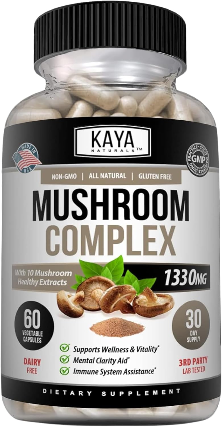 Kaya Naturals Premium Mushroom Complex Potent – Mushroom Complex Capsules 1330mg Per Serving – Aids Mental Clarity Supports Immune System, Wellness & Vitality – 60 Count Kaya Naturals Premium Mushroom Complex Potent – Mushroom Complex Capsules 1330mg Per Serving – Aids Mental Clarity Supports Immune System, Wellness & Vitality – 60 Count