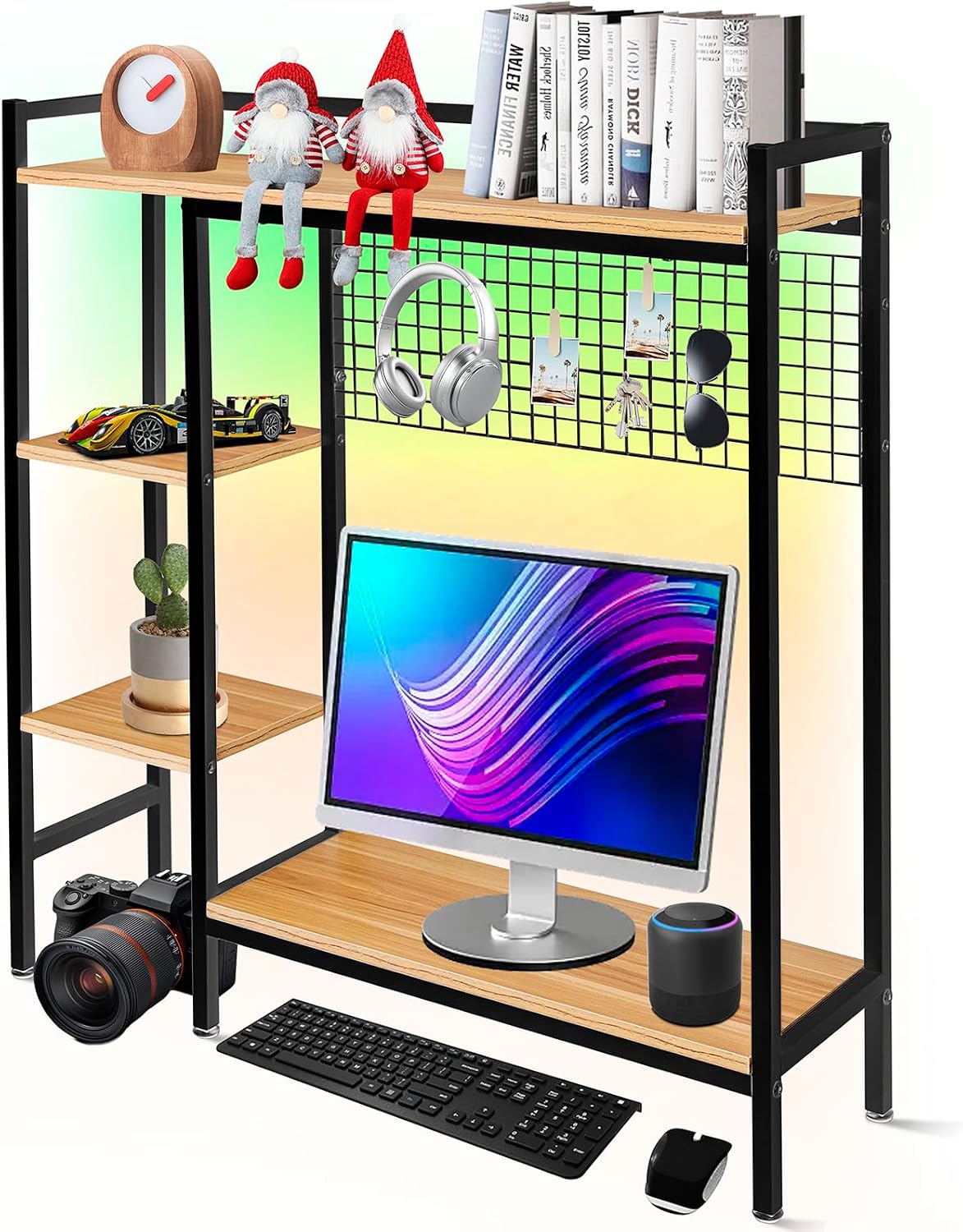 4-Tier Desk Hutch Bookshelf with RGB Light Strip & Grid Panel, 37.4″ Adjustable Desktop Organizer Shelf for Computer Monitors, Solid Wood & Steel Storage Rack, Home Office, Dorm (Black) 4-Tier Desk Hutch Bookshelf with RGB Light Strip & Grid Panel, 37.4″ Adjustable Desktop Organizer Shelf for Computer Monitors, Solid Wood & Steel Storage Rack, Home Office, Dorm (Black)
