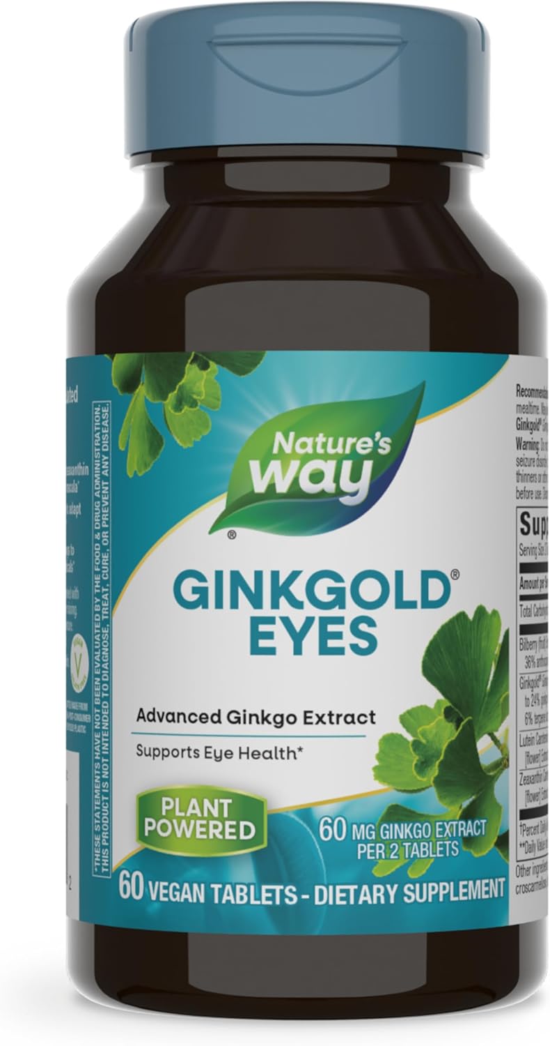 Nature’s Way Ginkgold Eyes, Gingko Biloba Supplement for Adults, Supports Eye Health*, Gluten Free, 60mg Ginkgo Biloba Extract Per 2-Tablet Serving, 60 Tablets Nature’s Way Ginkgold Eyes, Gingko Biloba Supplement for Adults, Supports Eye Health*, Gluten Free, 60mg Ginkgo Biloba Extract Per 2-Tablet Serving, 60 Tablets