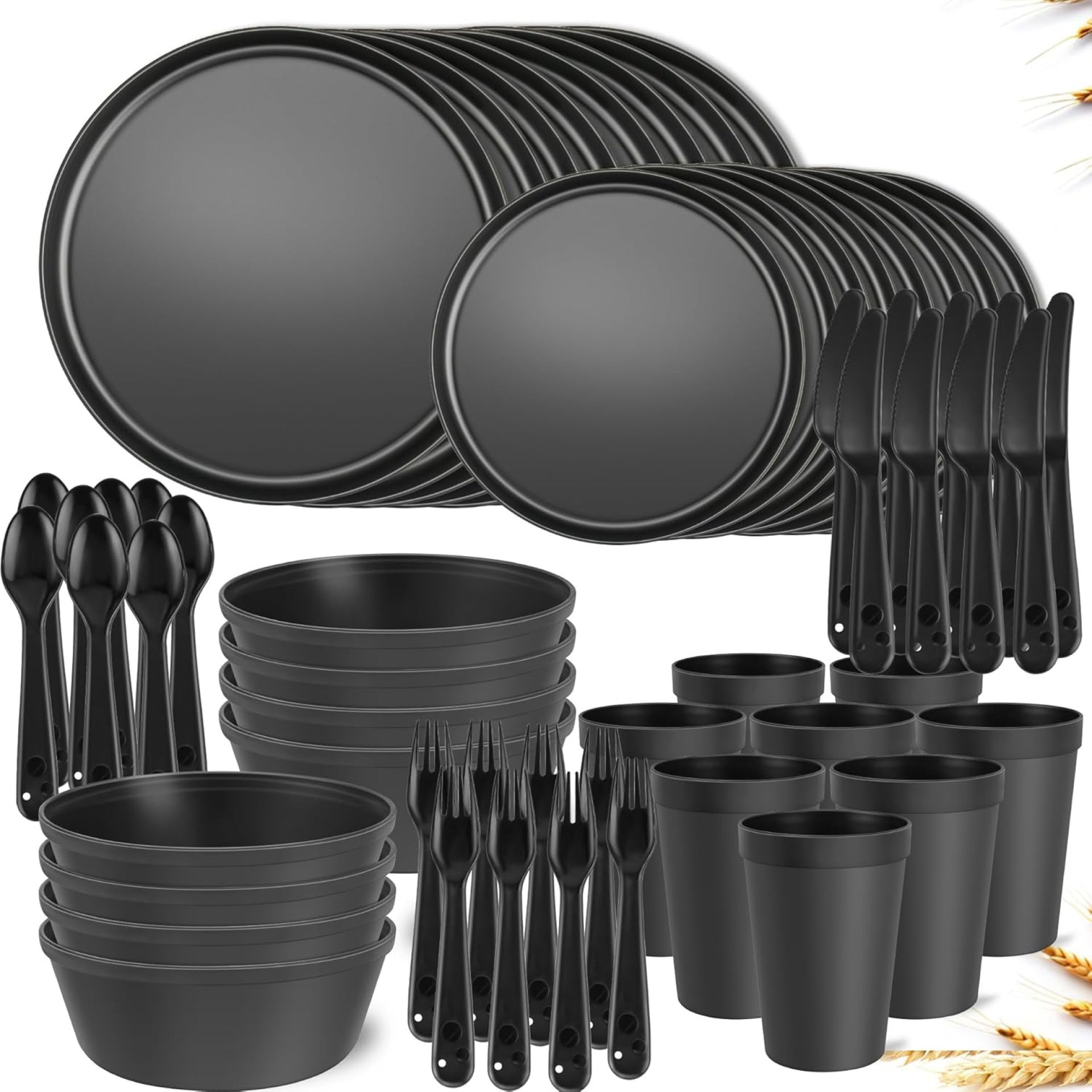 Plastic Dinnerware Sets – 40-Piece Plates and Bowls Sets with Cups, Knives, Forks and Spoons, Dishes Set for 8, Reusable Unbreakable Kitchen Dishware for Apartment, Camping, Outdoor, Black Plastic Dinnerware Sets – 40-Piece Plates and Bowls Sets with Cups, Knives, Forks and Spoons, Dishes Set for 8, Reusable Unbreakable Kitchen Dishware for Apartment, Camping, Outdoor, Black