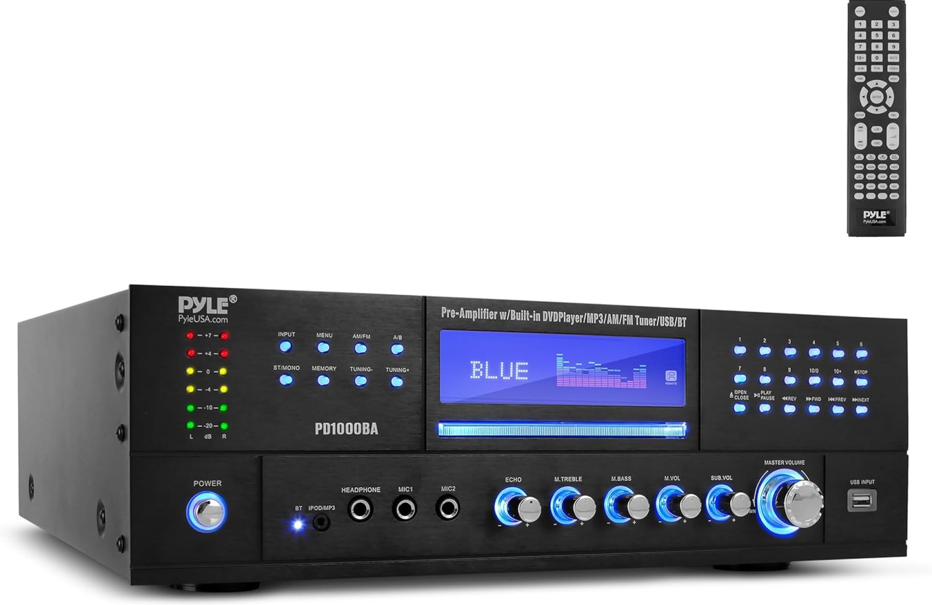Pyle 4-Channel Wireless Bluetooth Power Amplifier – 1000W Stereo Speaker Home Audio Receiver w/FM Radio, USB, Headphone, 2 Microphone w/Echo, Front Loading CD DVD Player, LED, Rack Mount, Black Pyle 4-Channel Wireless Bluetooth Power Amplifier – 1000W Stereo Speaker Home Audio Receiver w/FM Radio, USB, Headphone, 2 Microphone w/Echo, Front Loading CD DVD Player, LED, Rack Mount, Black