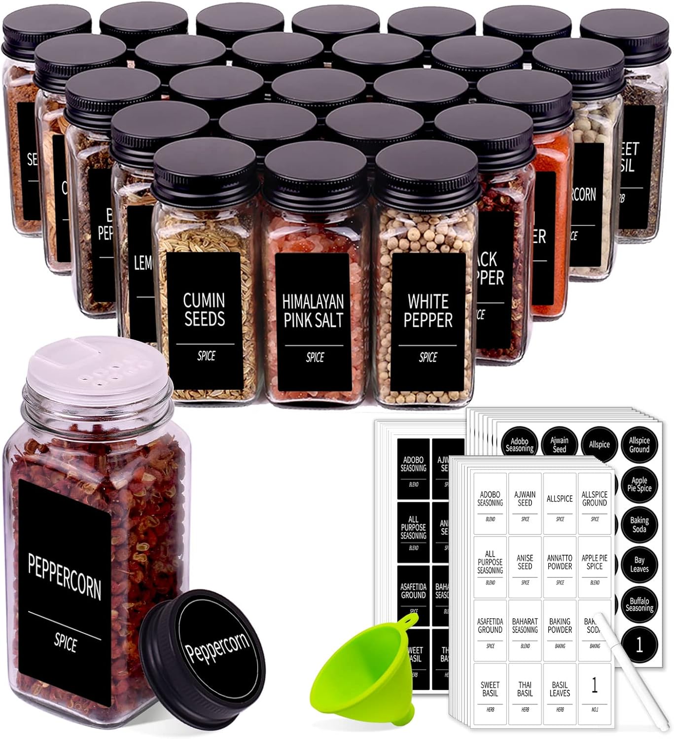 Churboro 25 Spice Jars with 547 Labels- Glass Spice Jars with Black Metal Caps, 4oz Empty Spice Containers with Shaker Lids, Funnel, Chalk Pen, Square Seasoning Bottles for Spice Rack, Drawer, Cabinet Churboro 25 Spice Jars with 547 Labels- Glass Spice Jars with Black Metal Caps, 4oz Empty Spice Containers with Shaker Lids, Funnel, Chalk Pen, Square Seasoning Bottles for Spice Rack, Drawer, Cabinet