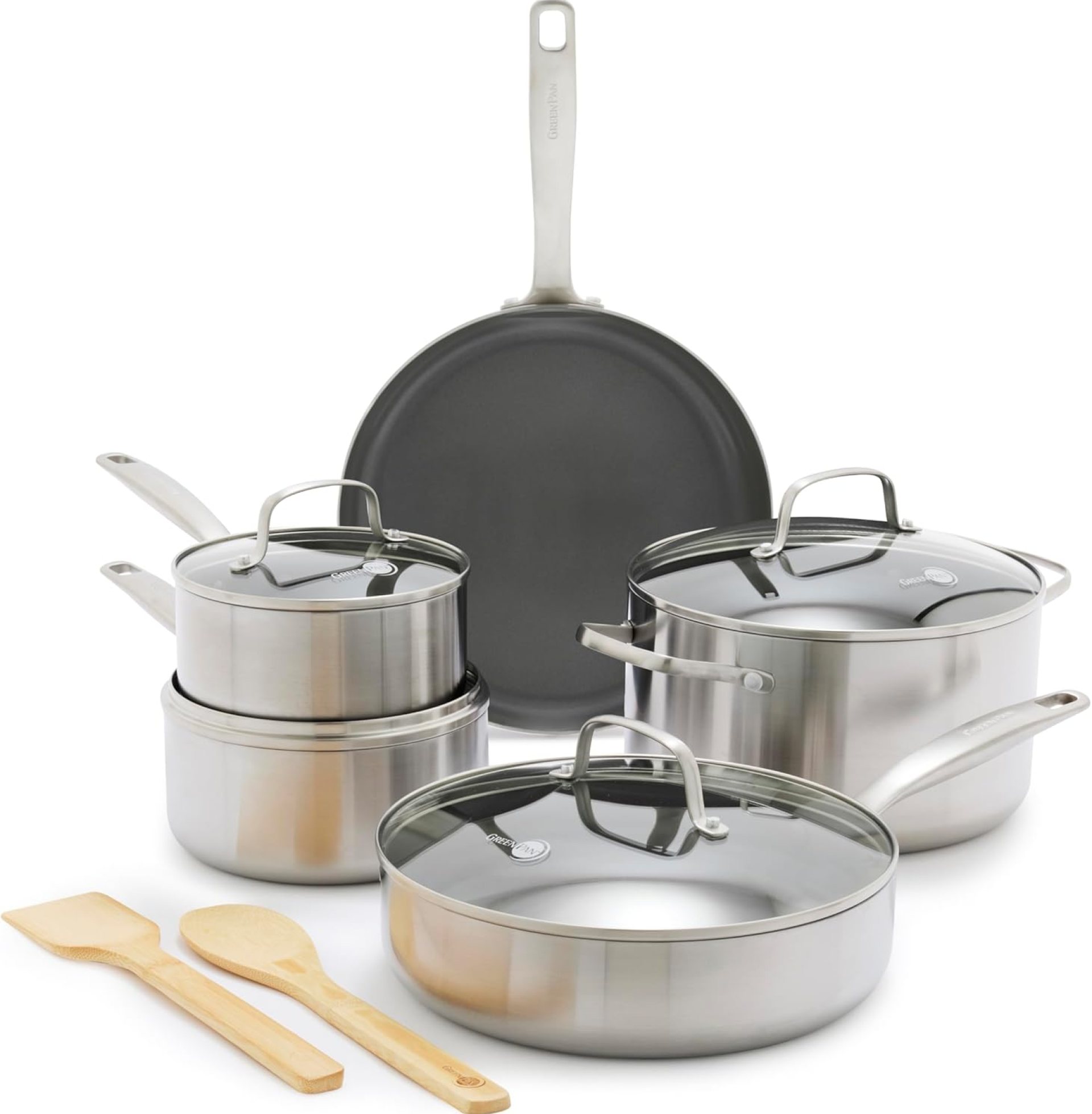 GreenPan Chatham 12 Piece Stainless Steel Cookware Set, Non-Toxic PFAS-Free Healthy Ceramic Nonstick, Dishwasher Safe, Oven Safe, Frypan Skillet Sauté Saucepan, Bamboo Utensils, Silver GreenPan Chatham 12 Piece Stainless Steel Cookware Set, Non-Toxic PFAS-Free Healthy Ceramic Nonstick, Dishwasher Safe, Oven Safe, Frypan Skillet Sauté Saucepan, Bamboo Utensils, Silver