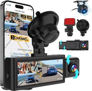 Dash Cam Front Rear and Inside, 3 Channel Dual Dash Camera for Cars WiFi 2.5K Dashcams for Car W/ 64GB Card,1440P Dashcam Front+1080P Inside Car Camera+1080P Rear Car Dash Cam,G-Sensor,IR Night Vision