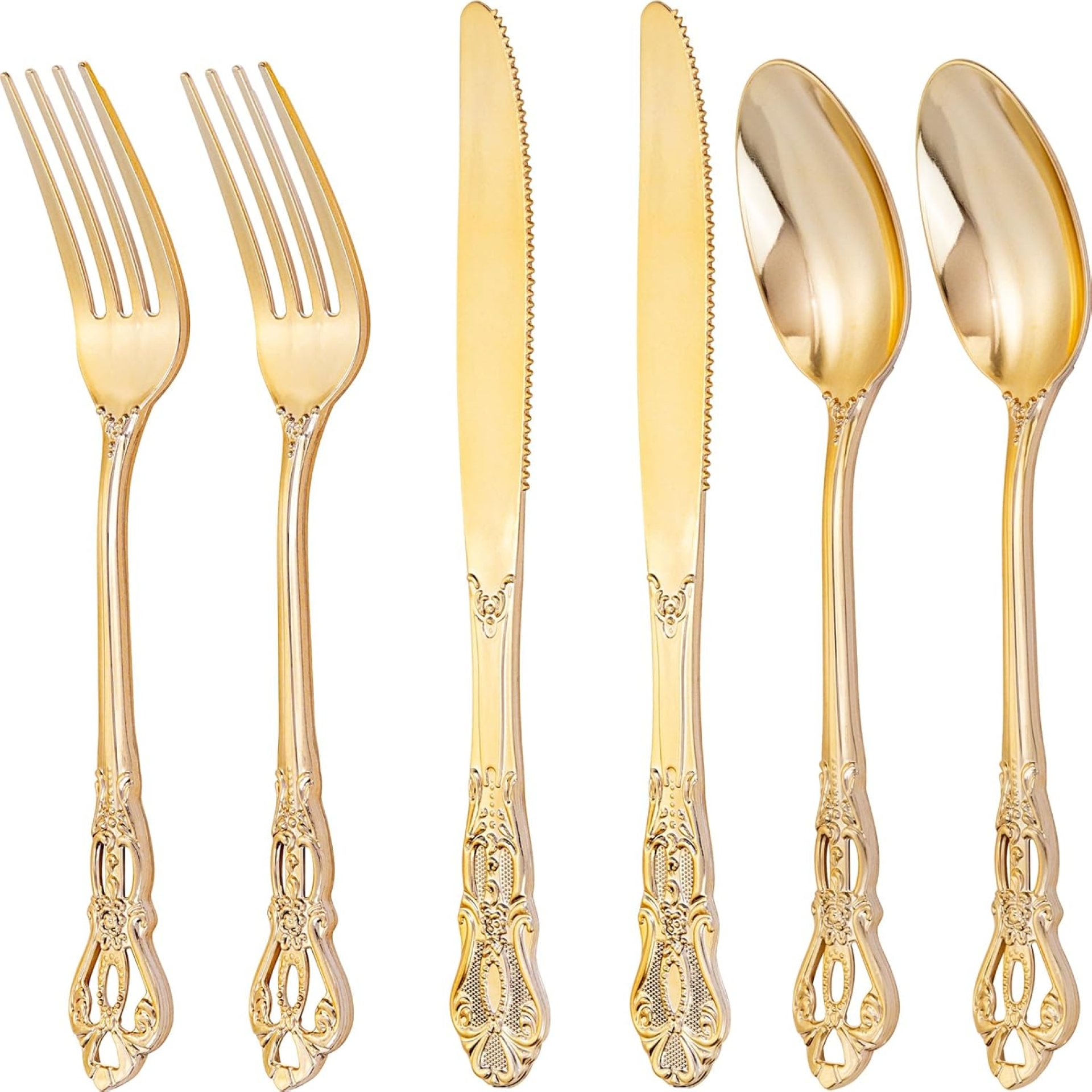 300Pieces Gold Plastic Silverware – Heavy Duty Gold Disposable Utensils – Vintage Plastic Cutlery Set Includes 100 Forks, 100 Spoons, 100 Knives for Dinner Parties Weddings 300Pieces Gold Plastic Silverware – Heavy Duty Gold Disposable Utensils – Vintage Plastic Cutlery Set Includes 100 Forks, 100 Spoons, 100 Knives for Dinner Parties Weddings