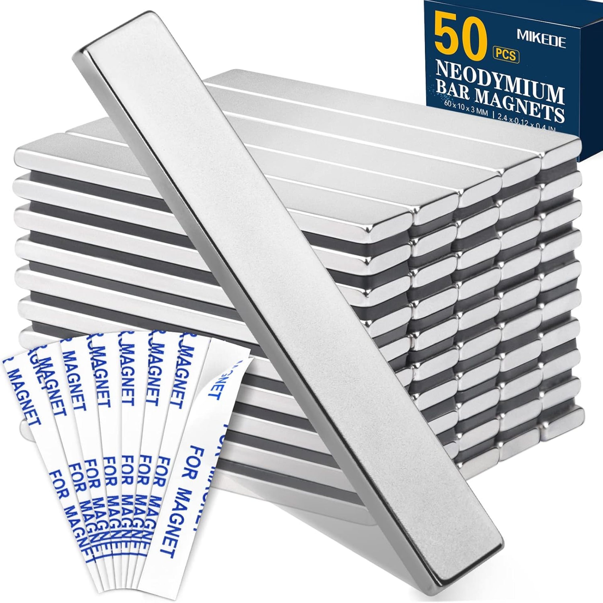 MIKEDE 50 Pack Neodymium Bar Magnets, Super Strong Heavy Duty with Double-Sided Adhesive, Powerful Rare Earth Magnets Bars for Craft, Fridge, Kitchen, Office – 60x10x3mm MIKEDE 50 Pack Neodymium Bar Magnets, Super Strong Heavy Duty with Double-Sided Adhesive, Powerful Rare Earth Magnets Bars for Craft, Fridge, Kitchen, Office – 60x10x3mm