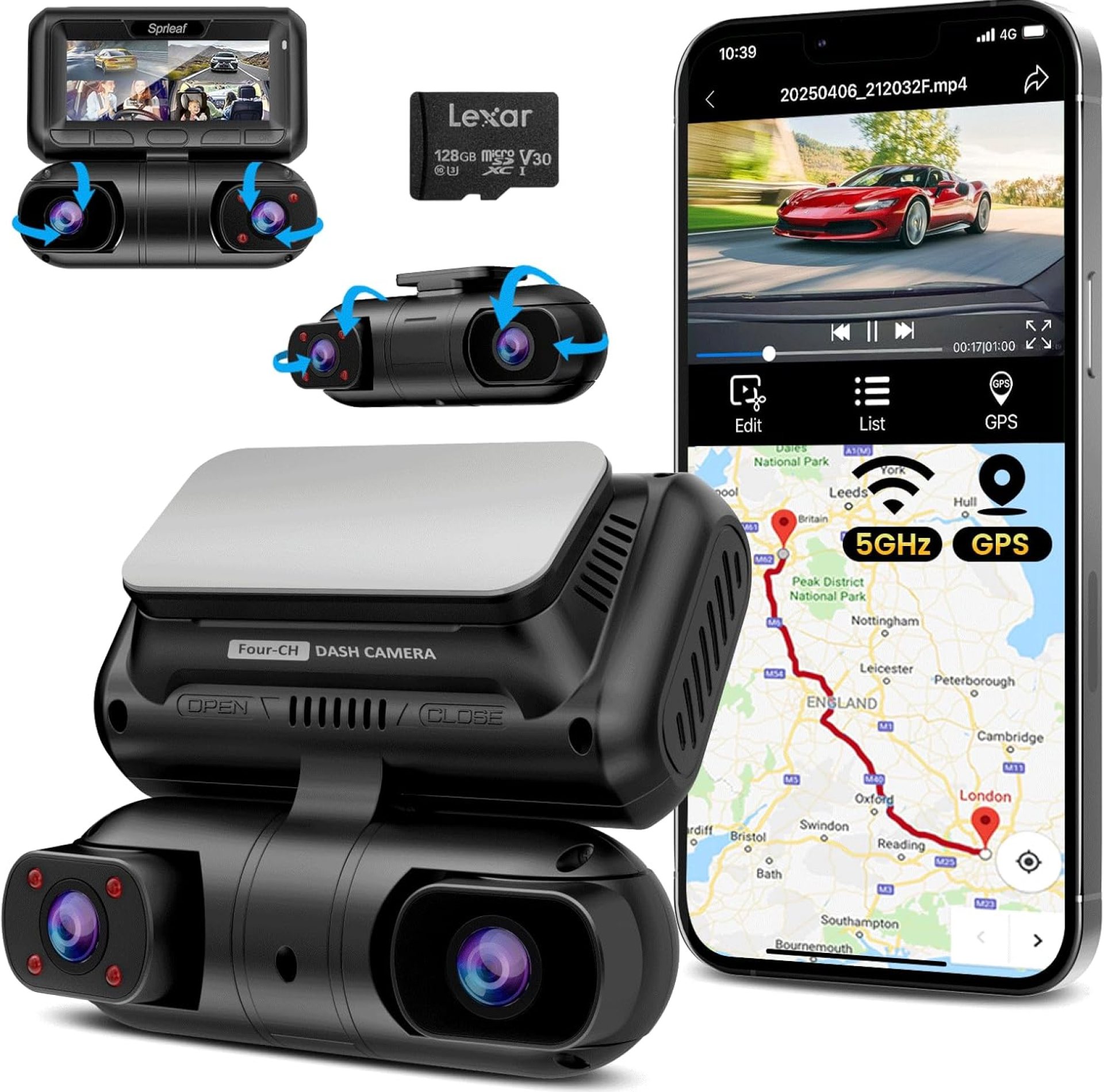 SPRLEAF 4 Channel Dash Cam with Front Cabin Rear Cabin Cameras, 360 Degree View Dash Camera for Cars, Built-in GPS, 5GHz WiFi, IR Night Vision, 24H Parking Monitor, G-Sensor, Free 128GB Card, 1080P*4 SPRLEAF 4 Channel Dash Cam with Front Cabin Rear Cabin Cameras, 360 Degree View Dash Camera for Cars, Built-in GPS, 5GHz WiFi, IR Night Vision, 24H Parking Monitor, G-Sensor, Free 128GB Card, 1080P*4