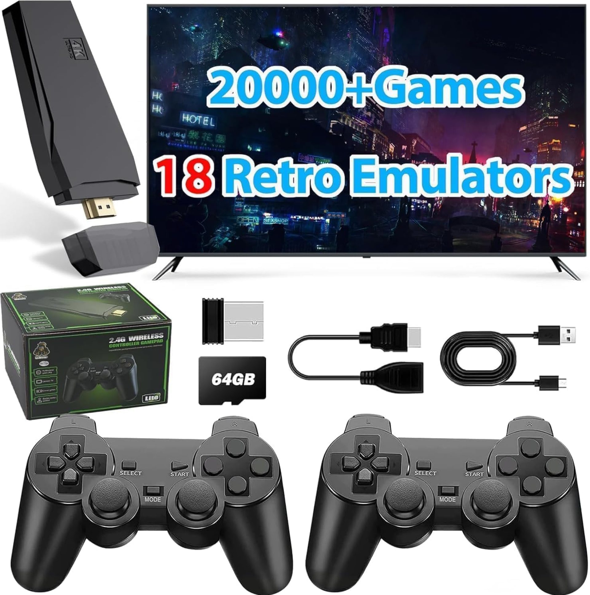 Wireless Retro Game Console Stick Built-in 20000+ Classic Games, 4K HDMI Output Nostalgia Plug & Play Retro Video Gaming Stick with 18 Emulators and Dual 2.4G Wireless Controller(64GB) Wireless Retro Game Console Stick Built-in 20000+ Classic Games, 4K HDMI Output Nostalgia Plug & Play Retro Video Gaming Stick with 18 Emulators and Dual 2.4G Wireless Controller(64GB)