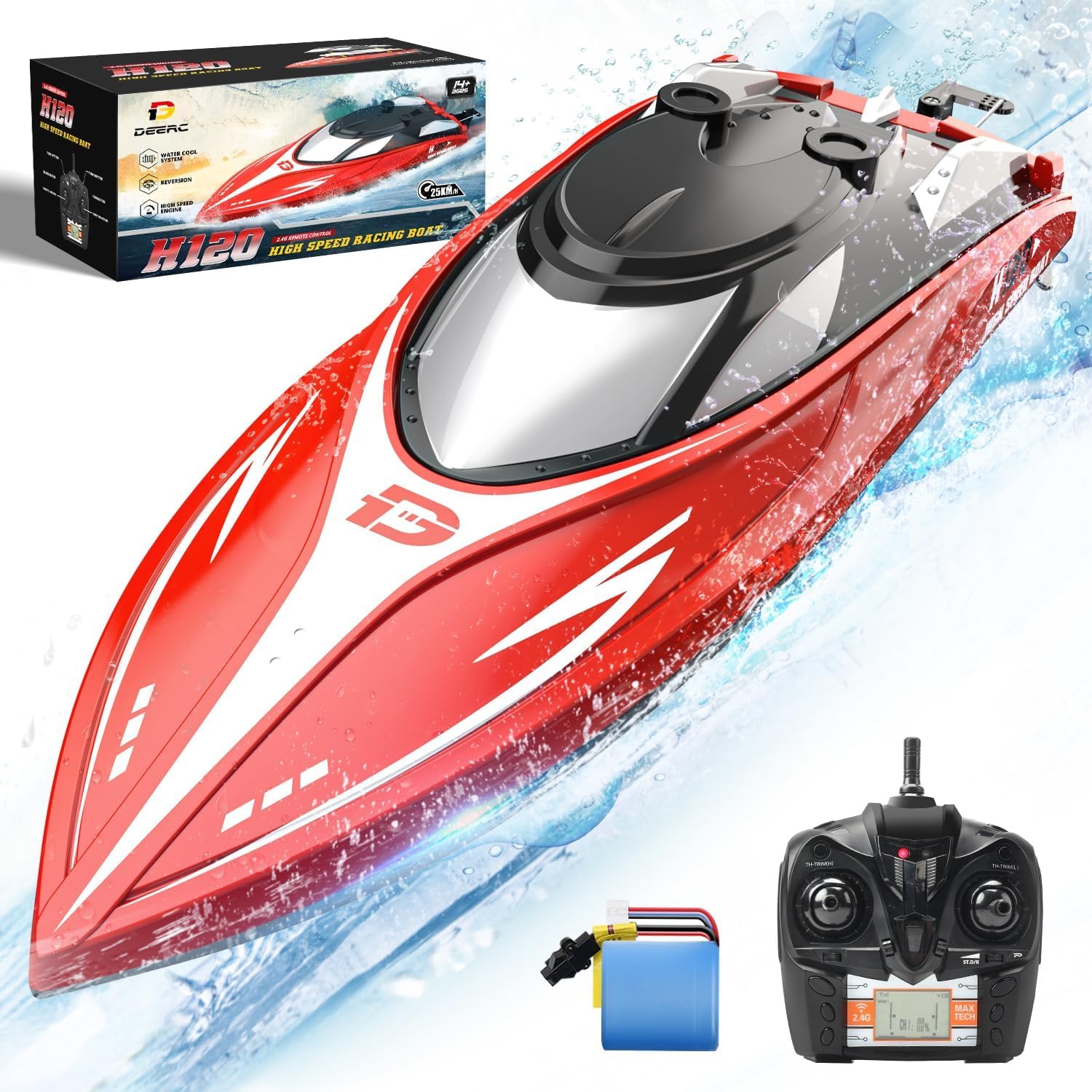 DEERC H120 Fast RC Boat for Pools and Lakes, 2.4 GHz 20+ MPH Racing Boats for Kids & Adults with Rechargeable Battery,Low Battery Alarm,Capsize Recovery,Gifts for Boys Girls DEERC H120 Fast RC Boat for Pools and Lakes, 2.4 GHz 20+ MPH Racing Boats for Kids & Adults with Rechargeable Battery,Low Battery Alarm,Capsize Recovery,Gifts for Boys Girls
