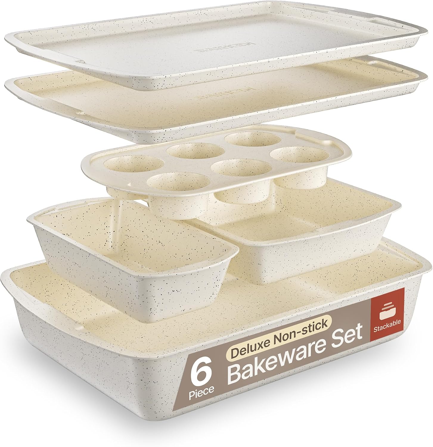 Bakken Swiss – Bakeware Set – 6 Piece – Stackable, Deluxe, Non-Stick Baking Pans for Professional and Home Cooking – Carbon Steel, White Stone Coating Bakken Swiss – Bakeware Set – 6 Piece – Stackable, Deluxe, Non-Stick Baking Pans for Professional and Home Cooking – Carbon Steel, White Stone Coating