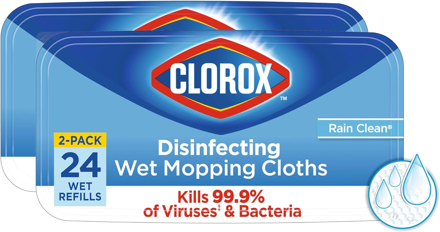 Clorox Disinfecting Wet Mop Pad, Disposable Mop Heads, Multi-Surface Floor Wipes, Rain Clean, 2 Packs, 24 Wet Refills Per Pack (Package May Vary) Clorox Disinfecting Wet Mop Pad, Disposable Mop Heads, Multi-Surface Floor Wipes, Rain Clean, 2 Packs, 24 Wet Refills Per Pack (Package May Vary)