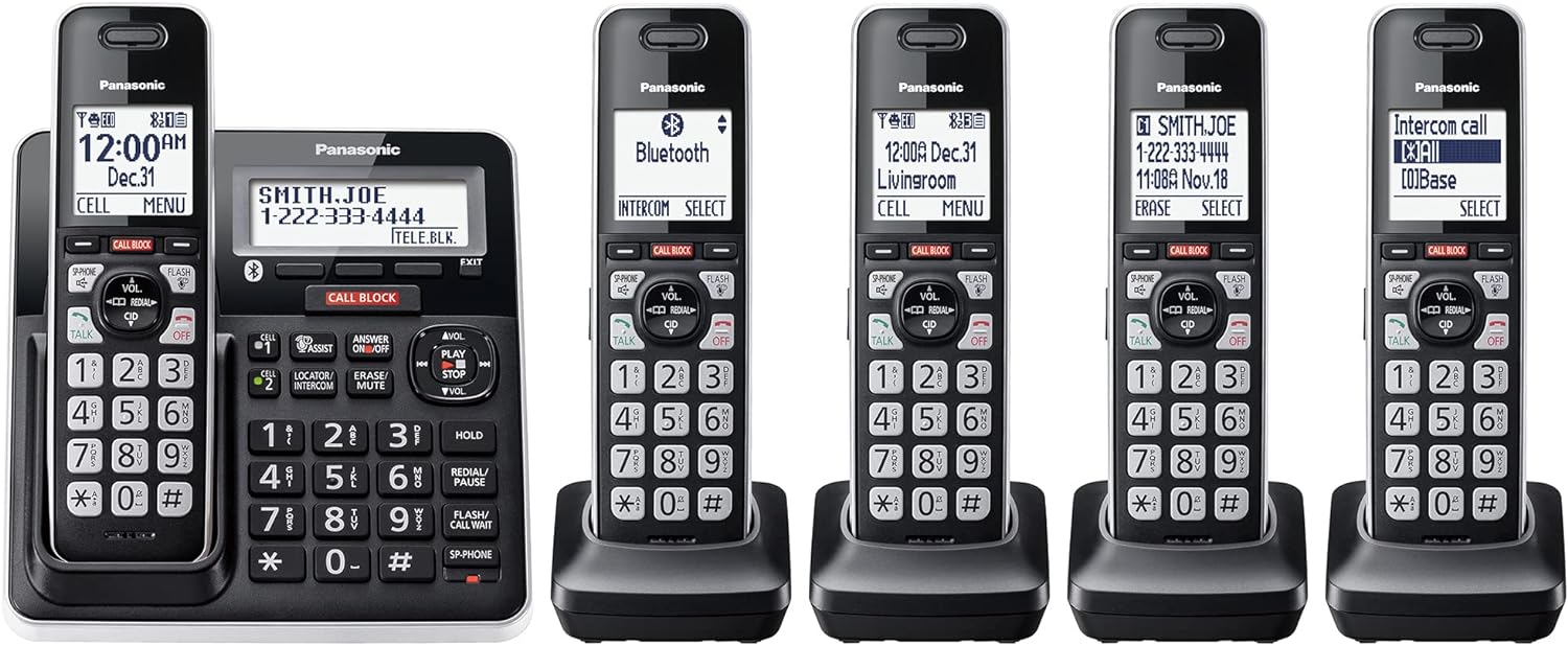 Panasonic Cordless Phone with Advanced Call Block, Link2Cell Bluetooth, One-Ring Scam Alert, and 2-Way Recording with Answering Machine, 5 Handsets – KX-TGF975B (Black with Silver Trim) Panasonic Cordless Phone with Advanced Call Block, Link2Cell Bluetooth, One-Ring Scam Alert, and 2-Way Recording with Answering Machine, 5 Handsets – KX-TGF975B (Black with Silver Trim)