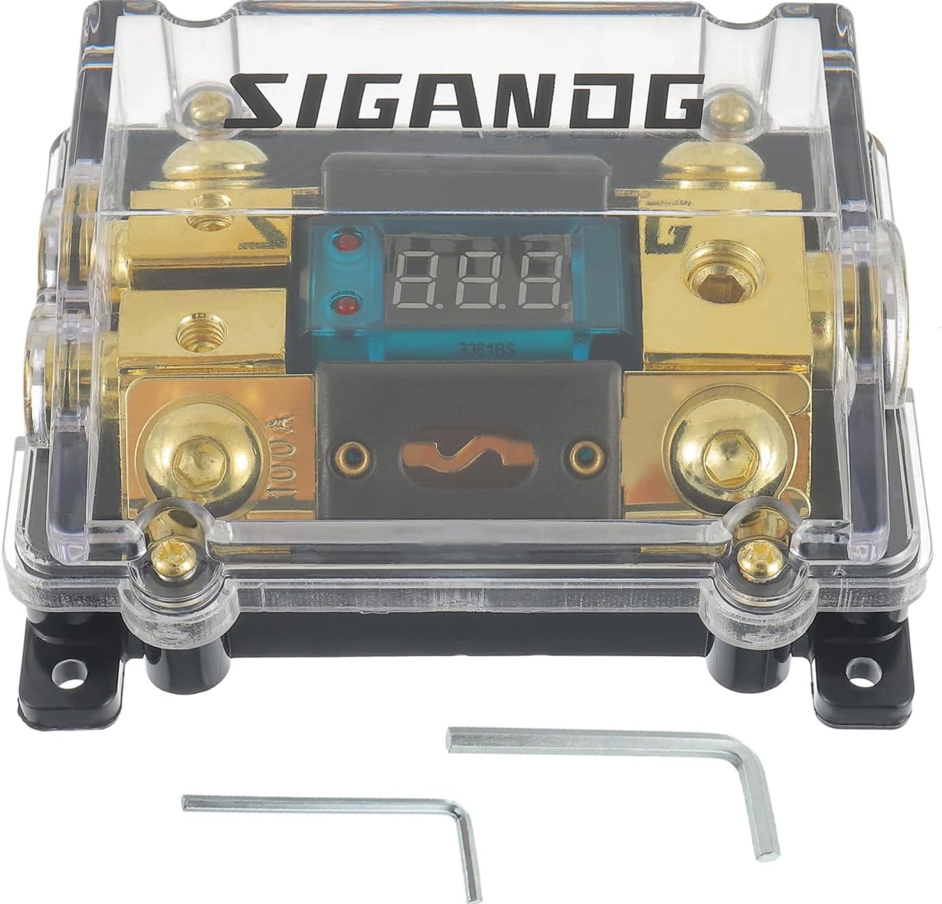 Car Audio Digital LED Voltage Display, ANL Fuse Holder Distribution Block 1 in 2 Out, with 2 Fuses and 2 Hexagon Wrench, Suitable for Car and Yacht Audio Car Audio Digital LED Voltage Display, ANL Fuse Holder Distribution Block 1 in 2 Out, with 2 Fuses and 2 Hexagon Wrench, Suitable for Car and Yacht Audio