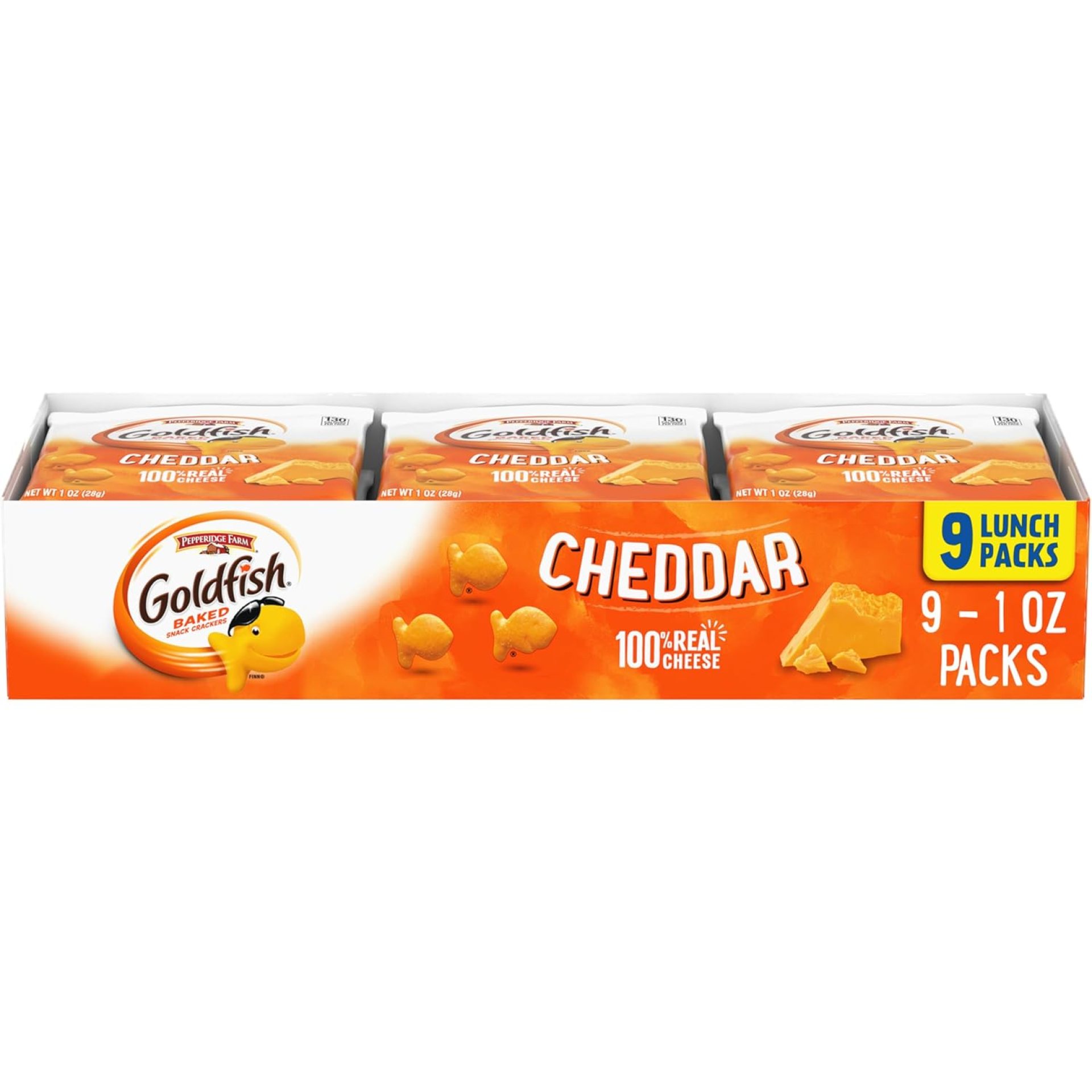 Goldfish Cheddar Cheese Crackers, Baked Snack Crackers, 1 oz On-the-Go Snack Packs, 9 Count Tray Goldfish Cheddar Cheese Crackers, Baked Snack Crackers, 1 oz On-the-Go Snack Packs, 9 Count Tray