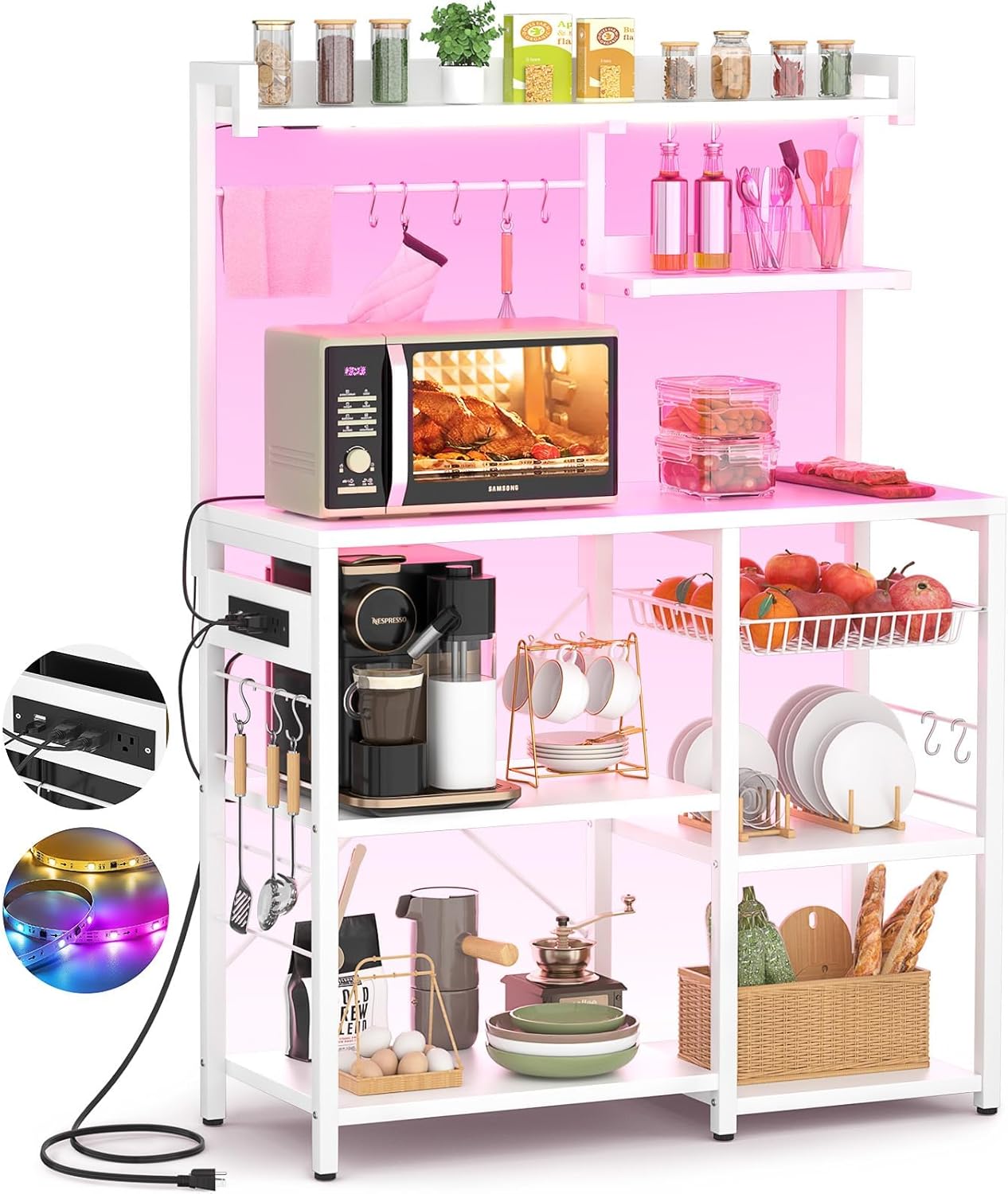 Aheaplus Bakers Rack with Power Outlet and LED Light Strings, Microwave Oven Stand Kitchen Storage Shelf with Wire Basket, Coffee Bar Station Island Table with 10 Hooks for Spices, Pots, Pans, White Aheaplus Bakers Rack with Power Outlet and LED Light Strings, Microwave Oven Stand Kitchen Storage Shelf with Wire Basket, Coffee Bar Station Island Table with 10 Hooks for Spices, Pots, Pans, White