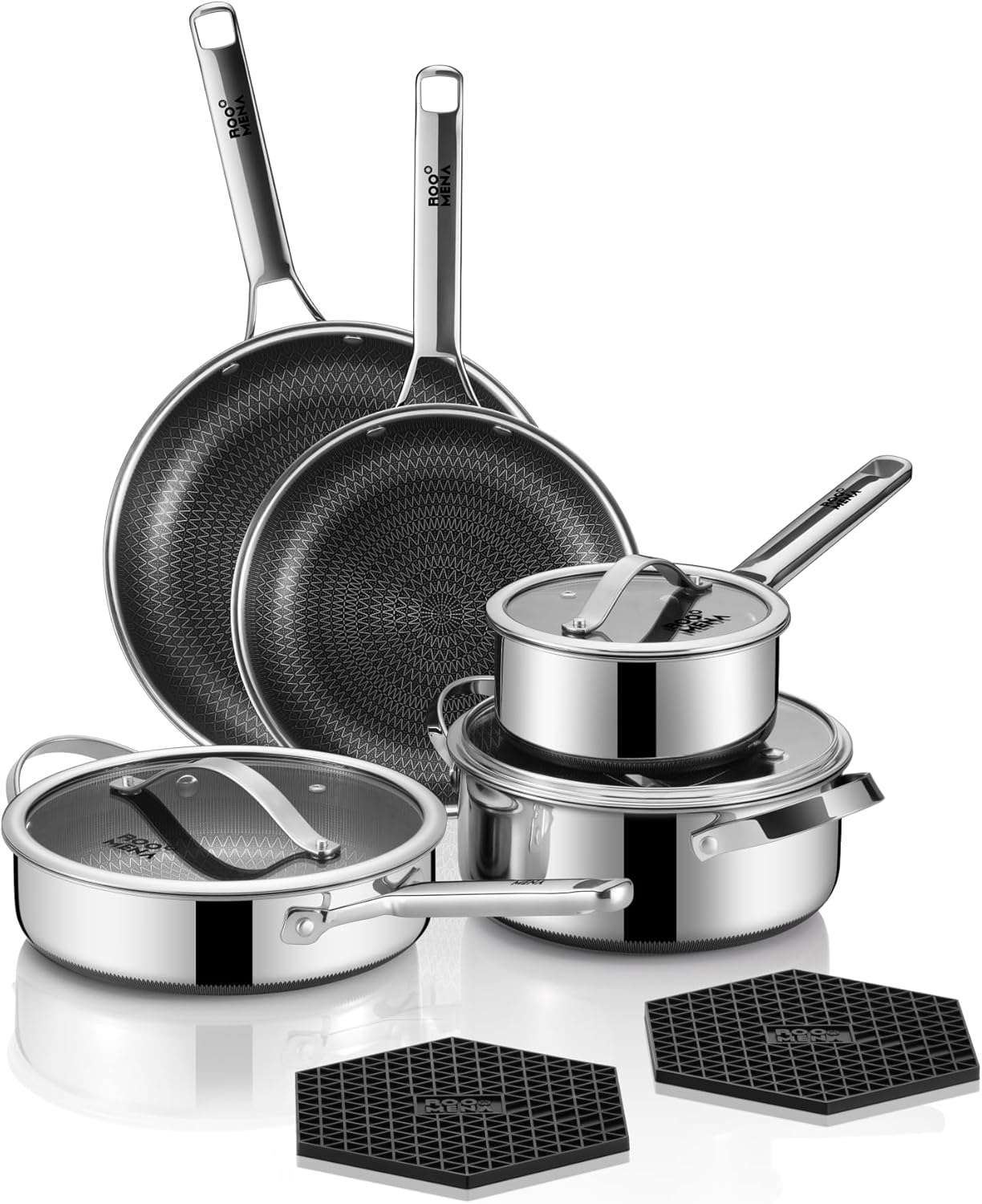 Pots and Pans Set Hybrid Stainless Steel, 10PC Nonstick Tri-Ply Cookware Set w/Frying pan, Dishwasher & Oven Safe, PFOA-Free, Metal Utensil Safe, Suitable for All Cooktops Pots and Pans Set Hybrid Stainless Steel, 10PC Nonstick Tri-Ply Cookware Set w/Frying pan, Dishwasher & Oven Safe, PFOA-Free, Metal Utensil Safe, Suitable for All Cooktops