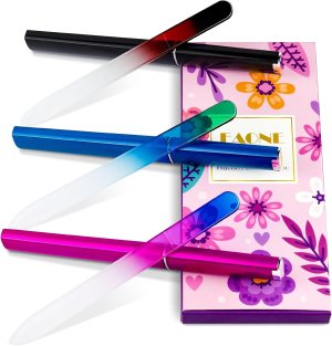 EAONE Crystal Glass Nail File with Case 3 Pack, Double-Sided Etched Fingernail Files for Natural Nails Professional Footnail Care Tool, Stocking Stuffers for Women Girls Gifts