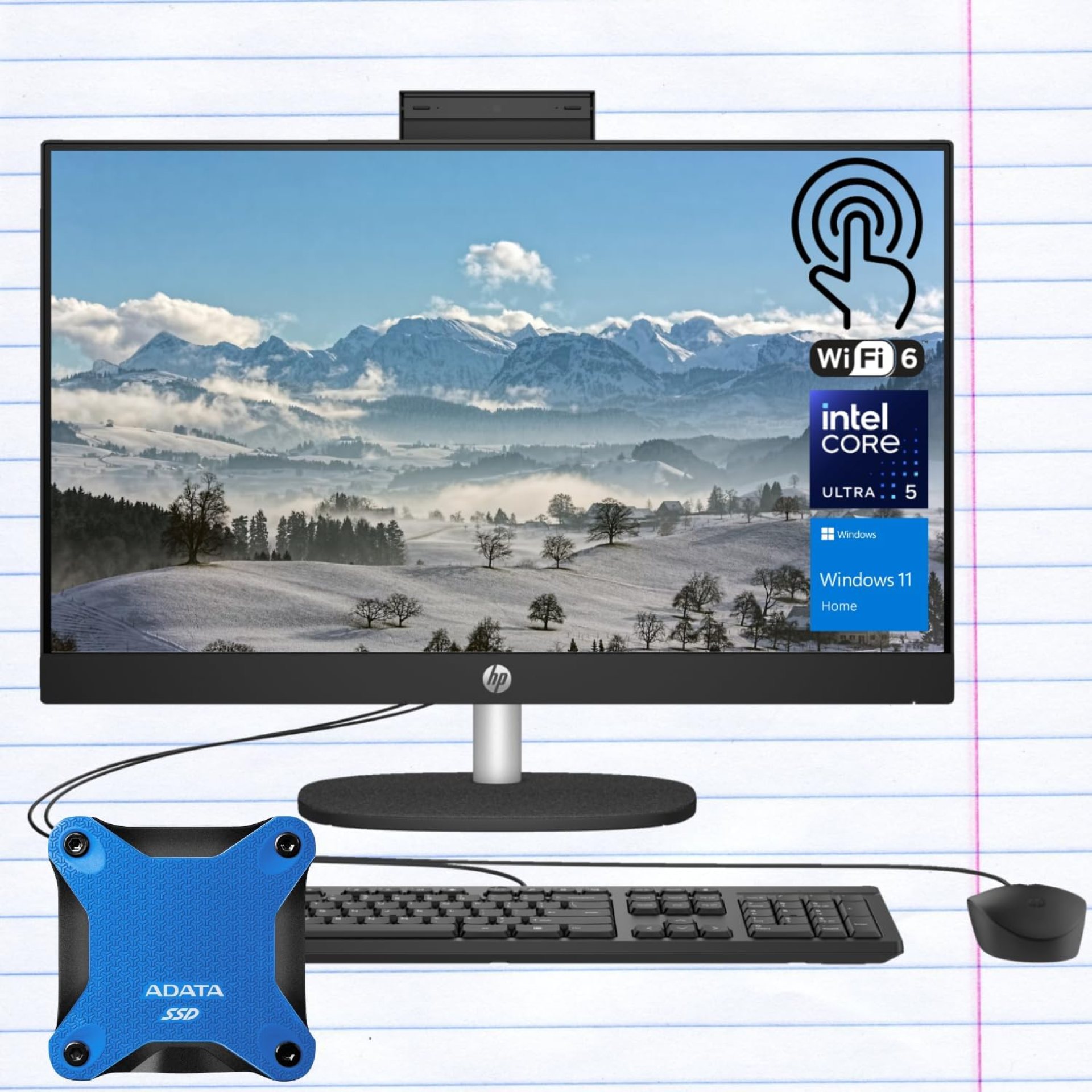 HP 24″ Ultra 5 AI All-in-One Desktop, 23.8″ FHD Touchscreen, Intel Core Ultra 5 125U, 32GB DDR5 RAM, 1TB SSD, Wired KB & Mouse, IR Camera, RJ-45, Wi-Fi 6, W11H, with A-Data 512GB External SSD Bundle HP 24″ Ultra 5 AI All-in-One Desktop, 23.8″ FHD Touchscreen, Intel Core Ultra 5 125U, 32GB DDR5 RAM, 1TB SSD, Wired KB & Mouse, IR Camera, RJ-45, Wi-Fi 6, W11H, with A-Data 512GB External SSD Bundle