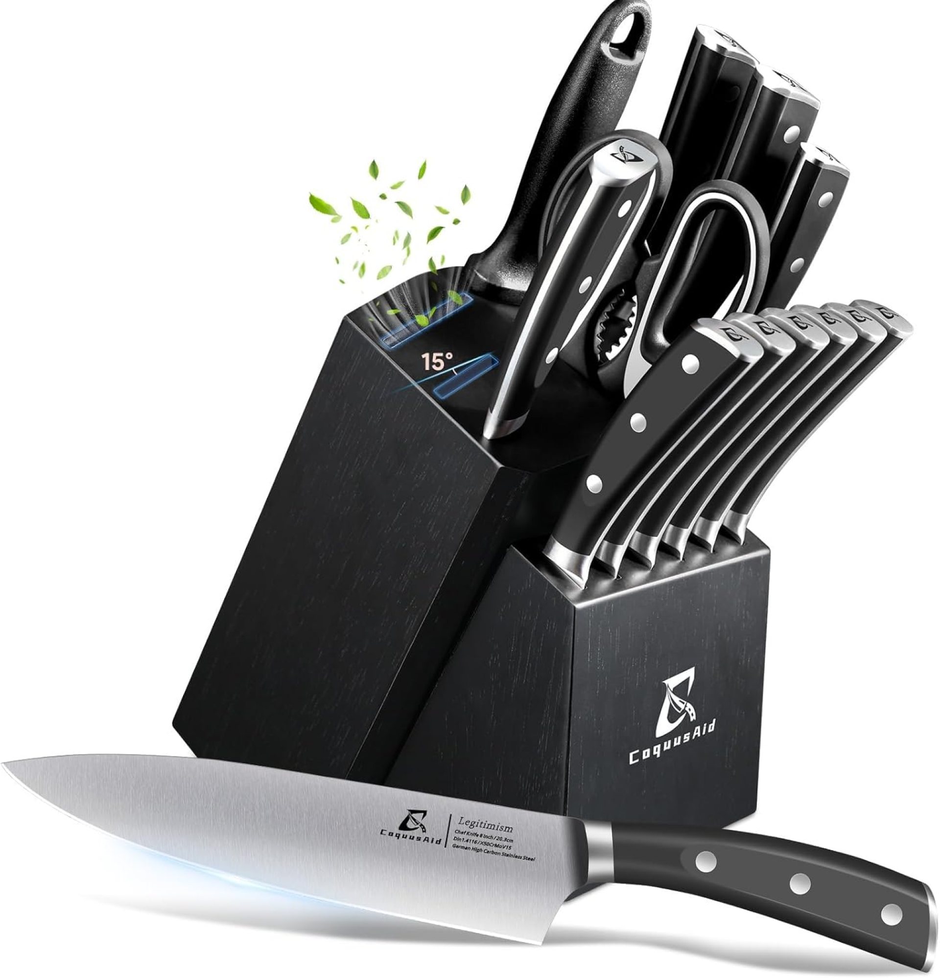 Knife Set, Kitchen Knife Block Sets with Sharpener, 6 Steak Knife Set Serrated with Block, 15 PCS Forged German Stainless Steel Rust Proof Knives, Dishwasher Safe Black, New Beveled Design Knife Set, Kitchen Knife Block Sets with Sharpener, 6 Steak Knife Set Serrated with Block, 15 PCS Forged German Stainless Steel Rust Proof Knives, Dishwasher Safe Black, New Beveled Design