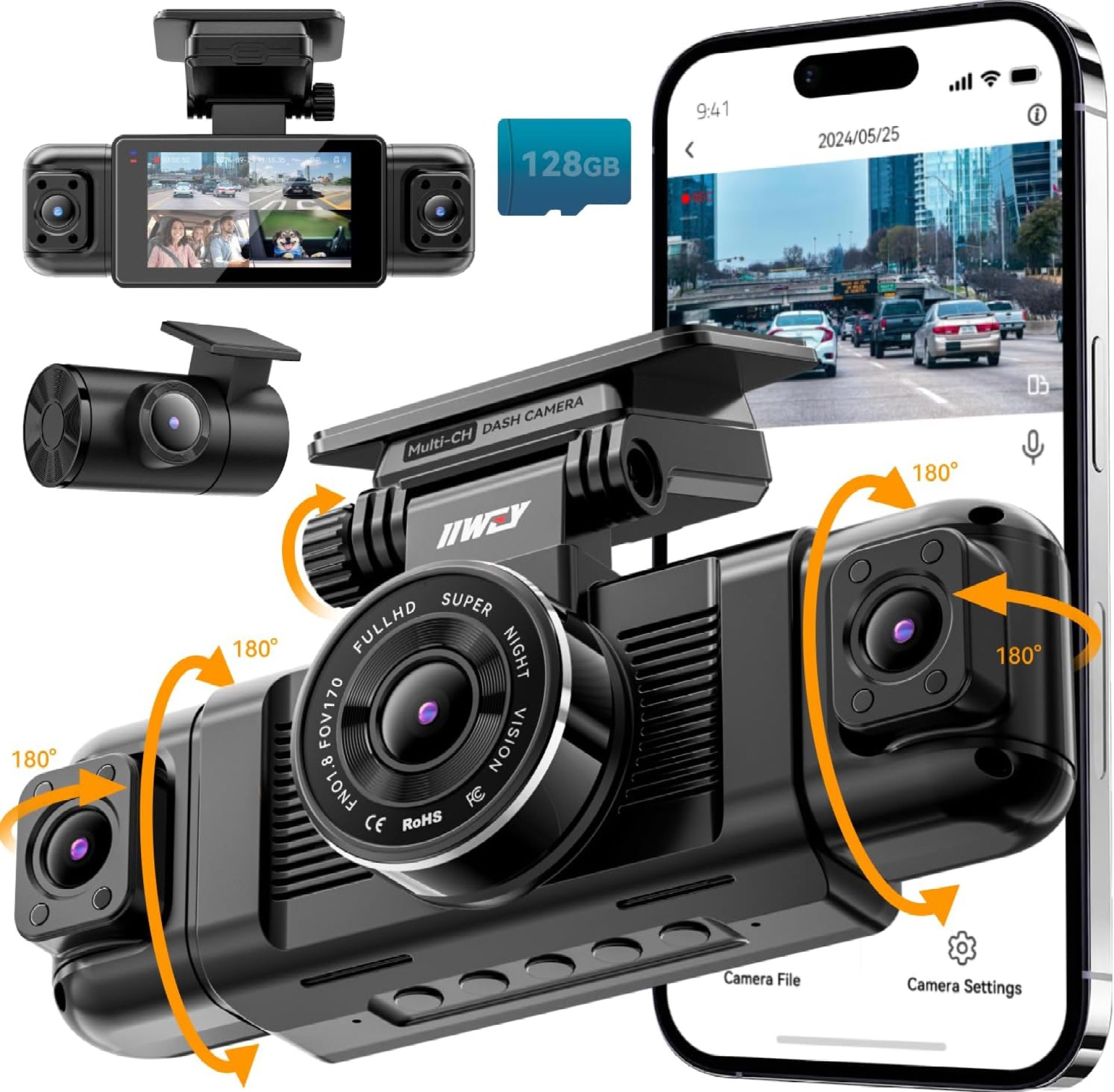 IIWEY N5 4 Channel Dash Cam 360° View, 1080P Front and Rear Inside, Left Right Dash Camera for Cars, 8 IR Lamps Night Vision, 5G WiFi & APP Control, G-Sensor, Parking Mode, with a Free 128GB SD Card IIWEY N5 4 Channel Dash Cam 360° View, 1080P Front and Rear Inside, Left Right Dash Camera for Cars, 8 IR Lamps Night Vision, 5G WiFi & APP Control, G-Sensor, Parking Mode, with a Free 128GB SD Card