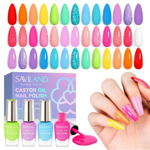 SAVILAND Quick-Dry Nail Polish Set – 20pcs Neon Rainbow Brights, Fingernail Polish Non-Gel Summer Colors with Castor Oil Infused Base & Glossy/Matte Top Nail Coats for Salon & Home Manicures DIY