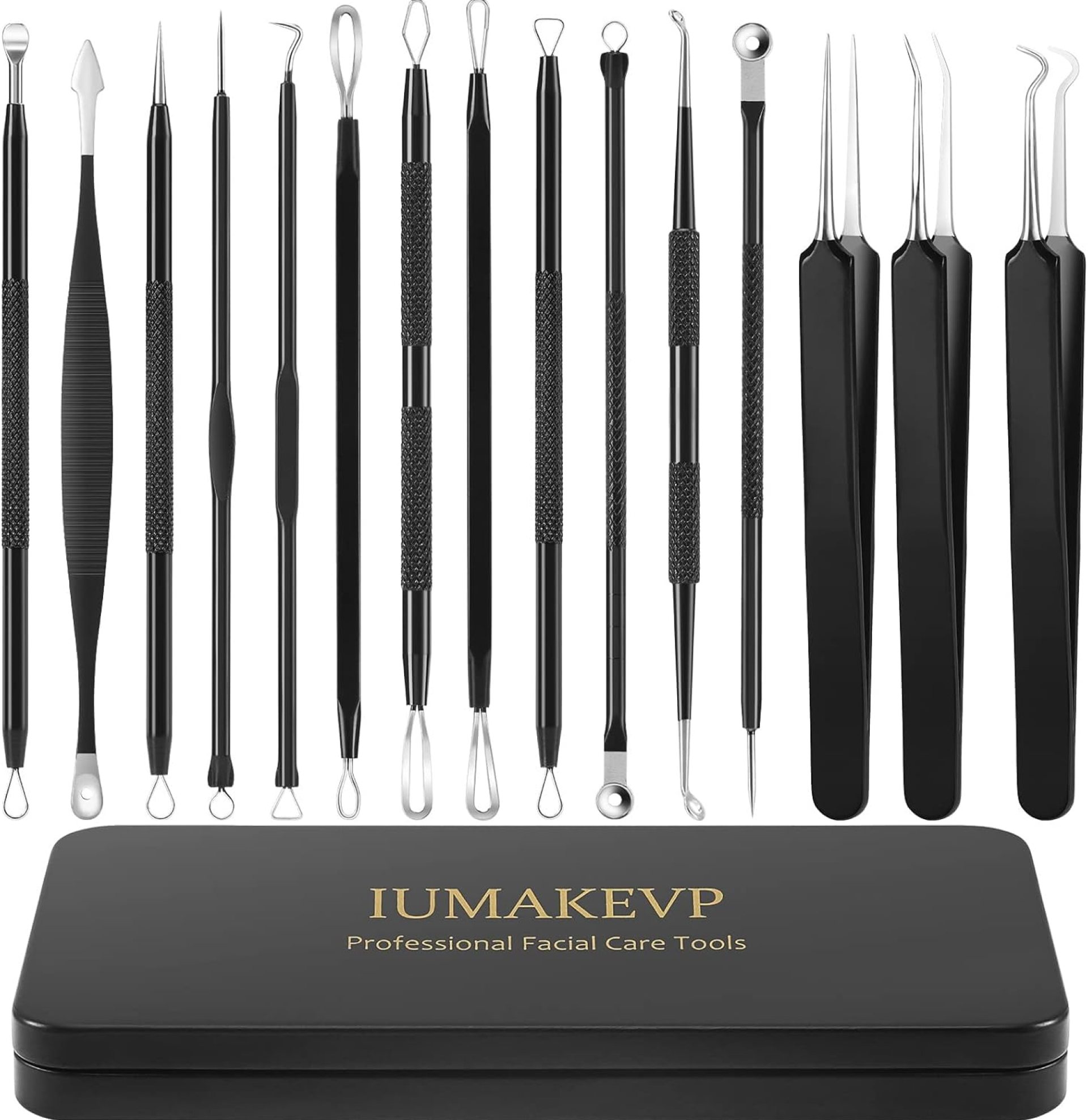 Pimple Popper Tool Kit, IUMAKEVP 15 PCS Professional Stainless Steel Blackhead Remover Comedone Extractor Tools for Removing Pimples, Blackheads, Zit on Face – Acne Removal Kit with Metal Case (Black) Pimple Popper Tool Kit, IUMAKEVP 15 PCS Professional Stainless Steel Blackhead Remover Comedone Extractor Tools for Removing Pimples, Blackheads, Zit on Face – Acne Removal Kit with Metal Case (Black)