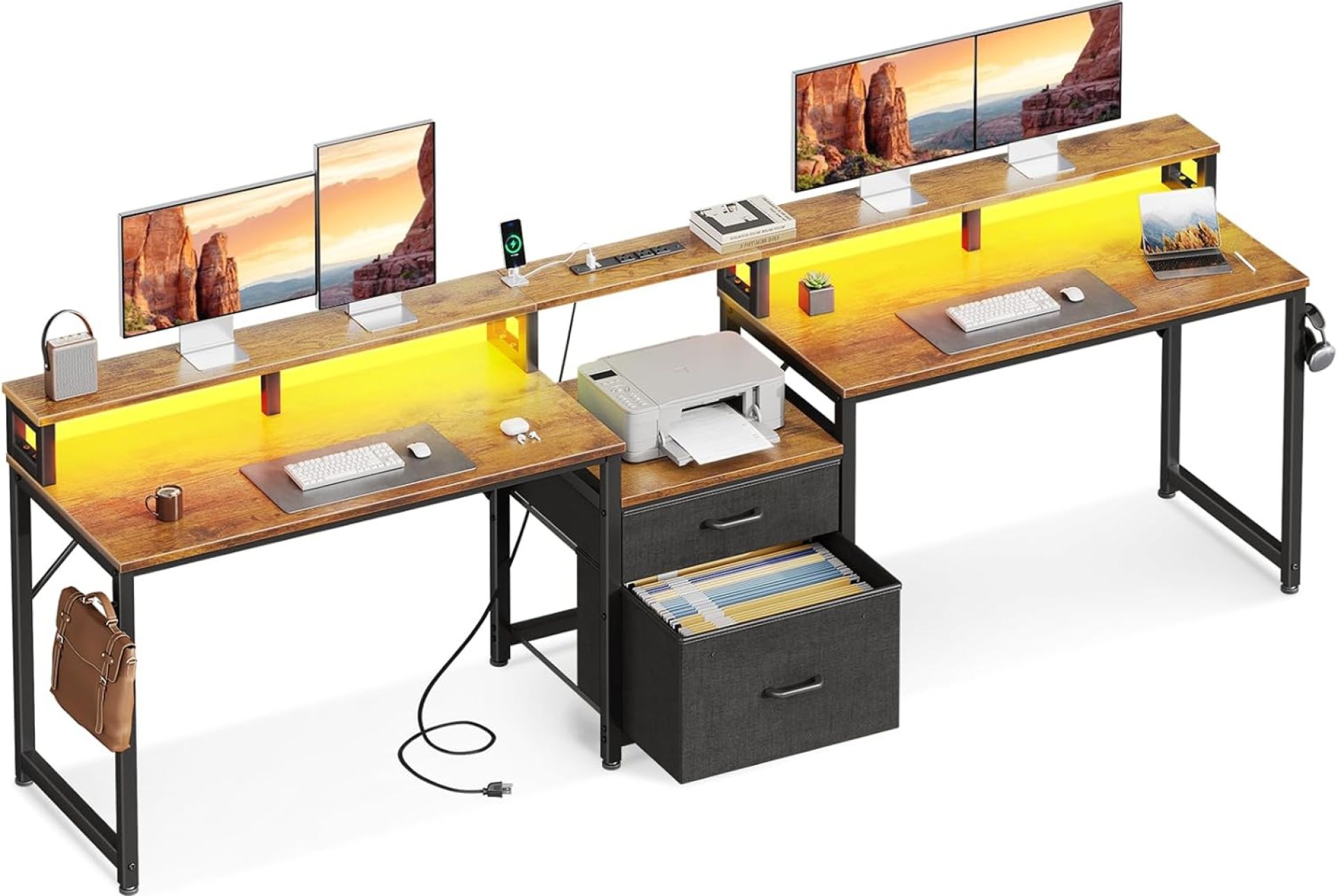 Casaottima 98″ 2 Person Gaming Computer Desk with Fabric Drawer & File Cabinet, Two Person Long Writing Home Office Desk with Power Outlet & LED Light & Monitor Stand, Storage Shelves, Vintage Casaottima 98″ 2 Person Gaming Computer Desk with Fabric Drawer & File Cabinet, Two Person Long Writing Home Office Desk with Power Outlet & LED Light & Monitor Stand, Storage Shelves, Vintage