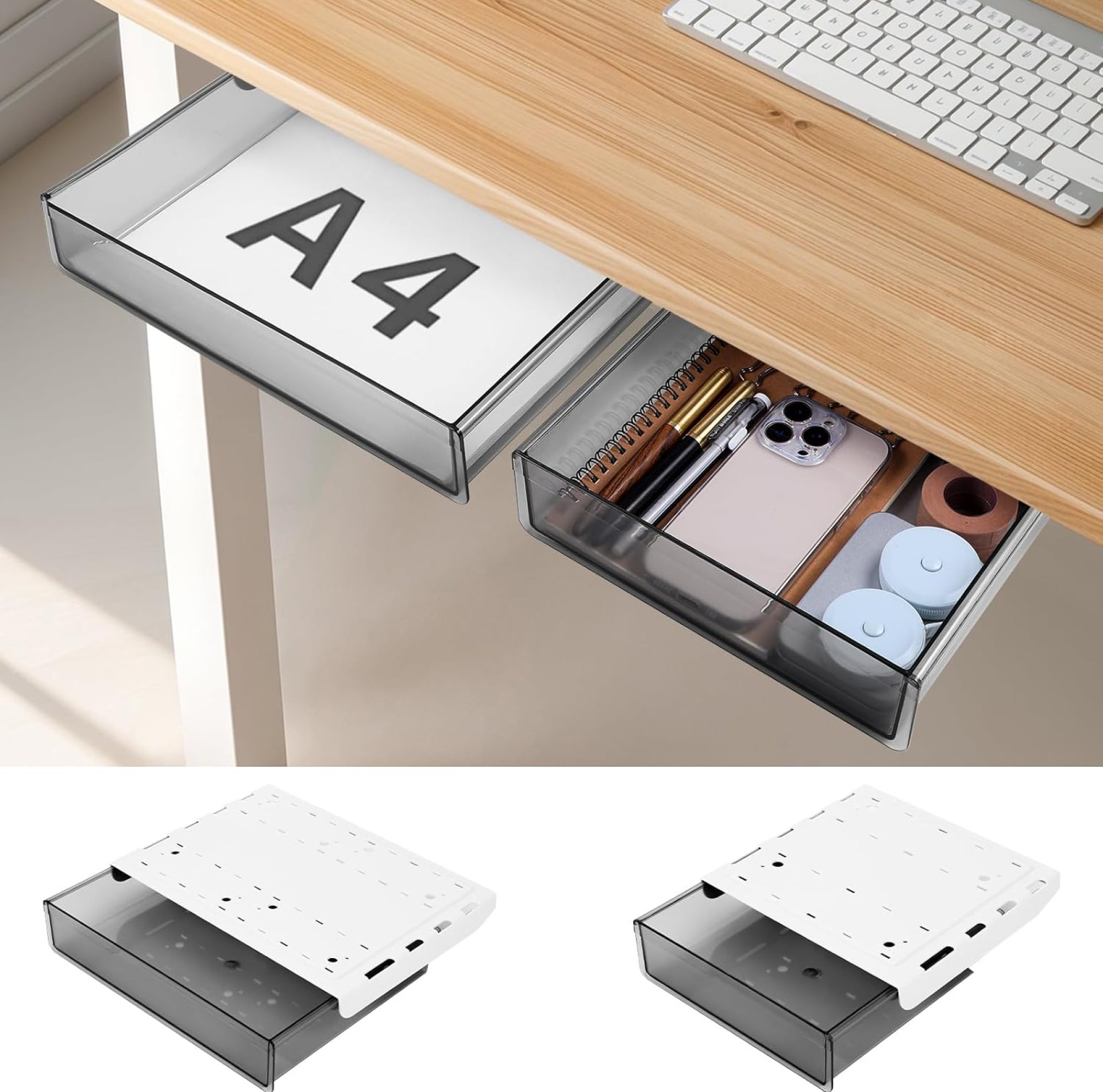 2 Pack Hidden Attachable Drawer Under Desk, Slide Out Small Under Desk Drawer, Self-Adhesive Desks Storage Tray Drawers, for Office, Home, Kitchen, Dressing Table (2 Sizes, Black) 2 Pack Hidden Attachable Drawer Under Desk, Slide Out Small Under Desk Drawer, Self-Adhesive Desks Storage Tray Drawers, for Office, Home, Kitchen, Dressing Table (2 Sizes, Black)
