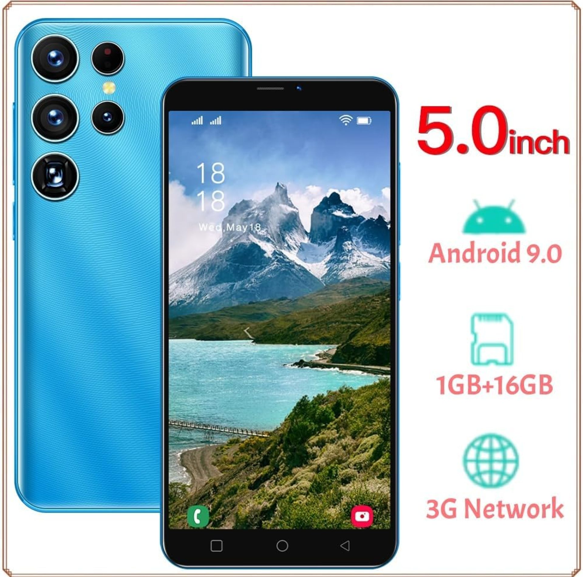 Mobile Phone, 5.0-inch Screen, Android 9.0 OS,16GB ROM (SD to 128GB), Dual SIM Dual Cameras,Face ID Unlock Cell Phones(Blue) Mobile Phone, 5.0-inch Screen, Android 9.0 OS,16GB ROM (SD to 128GB), Dual SIM Dual Cameras,Face ID Unlock Cell Phones(Blue)