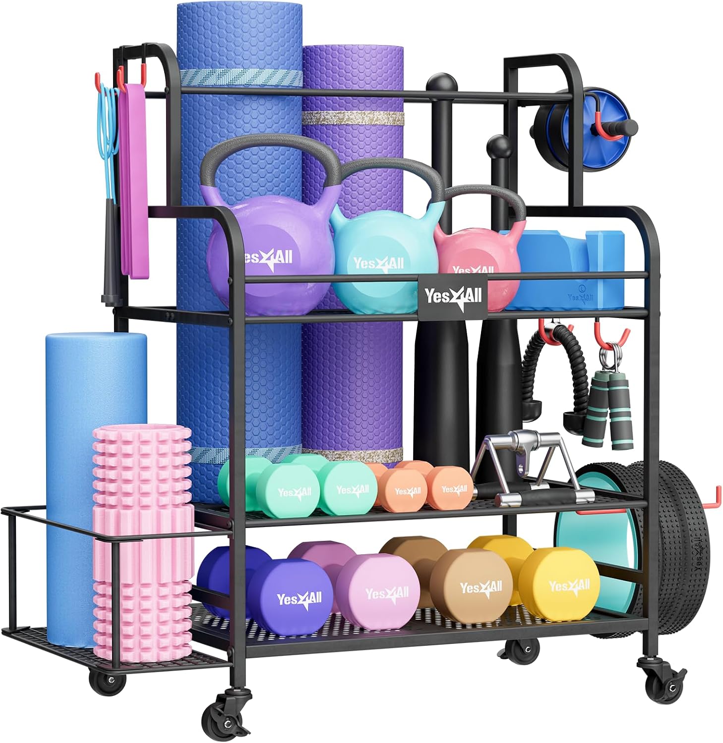 Yes4All Dumbbell Rack, Weight Rack for Home Gym, Sports Equipment Organizer for Dumbbells Kettlebells Yoga Mat Foam Roller and Balls, All in One Gym Workout Storage with Wheels and Hooks, Black Yes4All Dumbbell Rack, Weight Rack for Home Gym, Sports Equipment Organizer for Dumbbells Kettlebells Yoga Mat Foam Roller and Balls, All in One Gym Workout Storage with Wheels and Hooks, Black