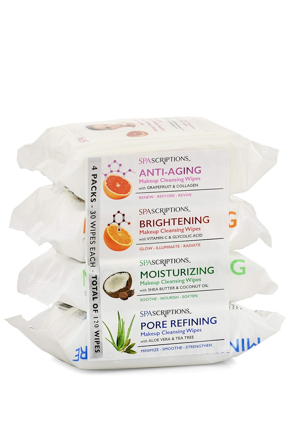 Spascriptions™ Anti-Aging, Brightening, Moisturizing & Pore Refining Towelettes Removes Waterproof Makeup, Revives with Collagen, Vitamin C, Coconut Oil, and Aloe Hypoallergenic, 120 Ct. 4 Pack Spascriptions™ Anti-Aging, Brightening, Moisturizing & Pore Refining Towelettes Removes Waterproof Makeup, Revives with Collagen, Vitamin C, Coconut Oil, and Aloe Hypoallergenic, 120 Ct. 4 Pack