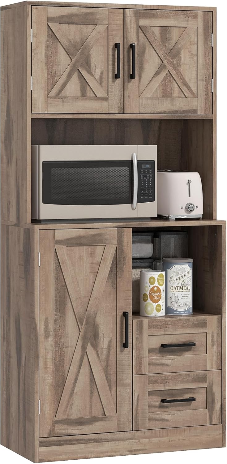 HOMCOM 60″ Tall Kitchen Pantry Cabinet, Farmhouse Freestanding Hutch with Microwave Oven Countertop, Kitchen Storage Cabinet with Barn Doors & Drawers, Buffet with Adjustable Shelves, Gray Wash HOMCOM 60″ Tall Kitchen Pantry Cabinet, Farmhouse Freestanding Hutch with Microwave Oven Countertop, Kitchen Storage Cabinet with Barn Doors & Drawers, Buffet with Adjustable Shelves, Gray Wash