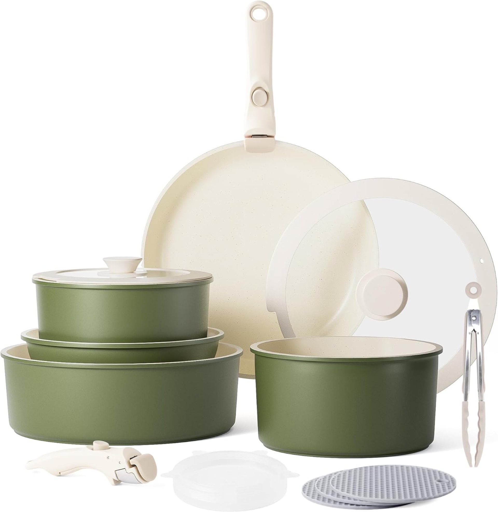 Caannasweis Detachable Nonstick Cookware Set – Stackable Induction Pots and Pans With Removable Handles, Dishwasher Safe – For RV Camping, Oven and Stovetop Use, 5 Pieces (Green) Caannasweis Detachable Nonstick Cookware Set – Stackable Induction Pots and Pans With Removable Handles, Dishwasher Safe – For RV Camping, Oven and Stovetop Use, 5 Pieces (Green)
