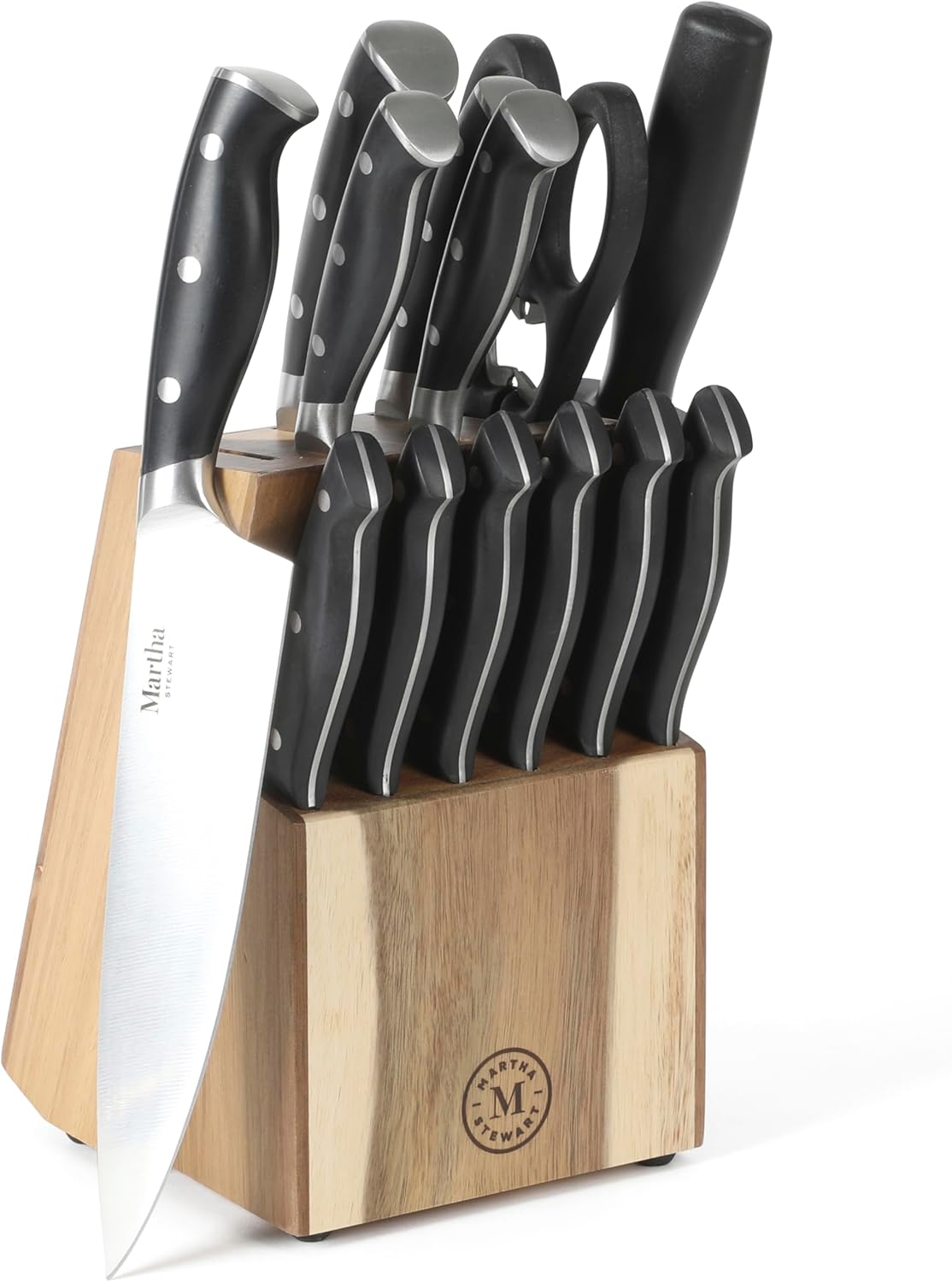 Martha Stewart Greeley 14 pc Triple- Riveted Cutlery Knife Acacia Wood Block Set w/Comfort Grip Handles- Black Martha Stewart Greeley 14 pc Triple- Riveted Cutlery Knife Acacia Wood Block Set w/Comfort Grip Handles- Black