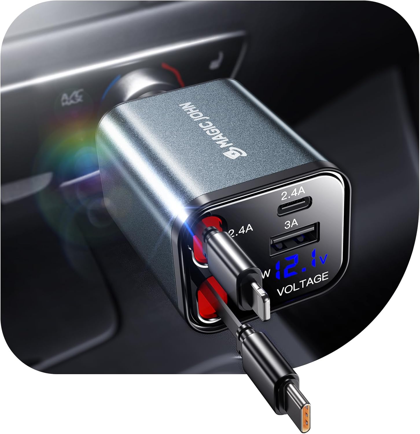 MAGIC JOHN 30W Retractable Car Charger, 4 in 1 Fast Charging Adapter with Type-C & USB C Port, 31.5 inch Retractable Cables, Compatible with iPhone, Android, Samsung Galaxy MAGIC JOHN 30W Retractable Car Charger, 4 in 1 Fast Charging Adapter with Type-C & USB C Port, 31.5 inch Retractable Cables, Compatible with iPhone, Android, Samsung Galaxy
