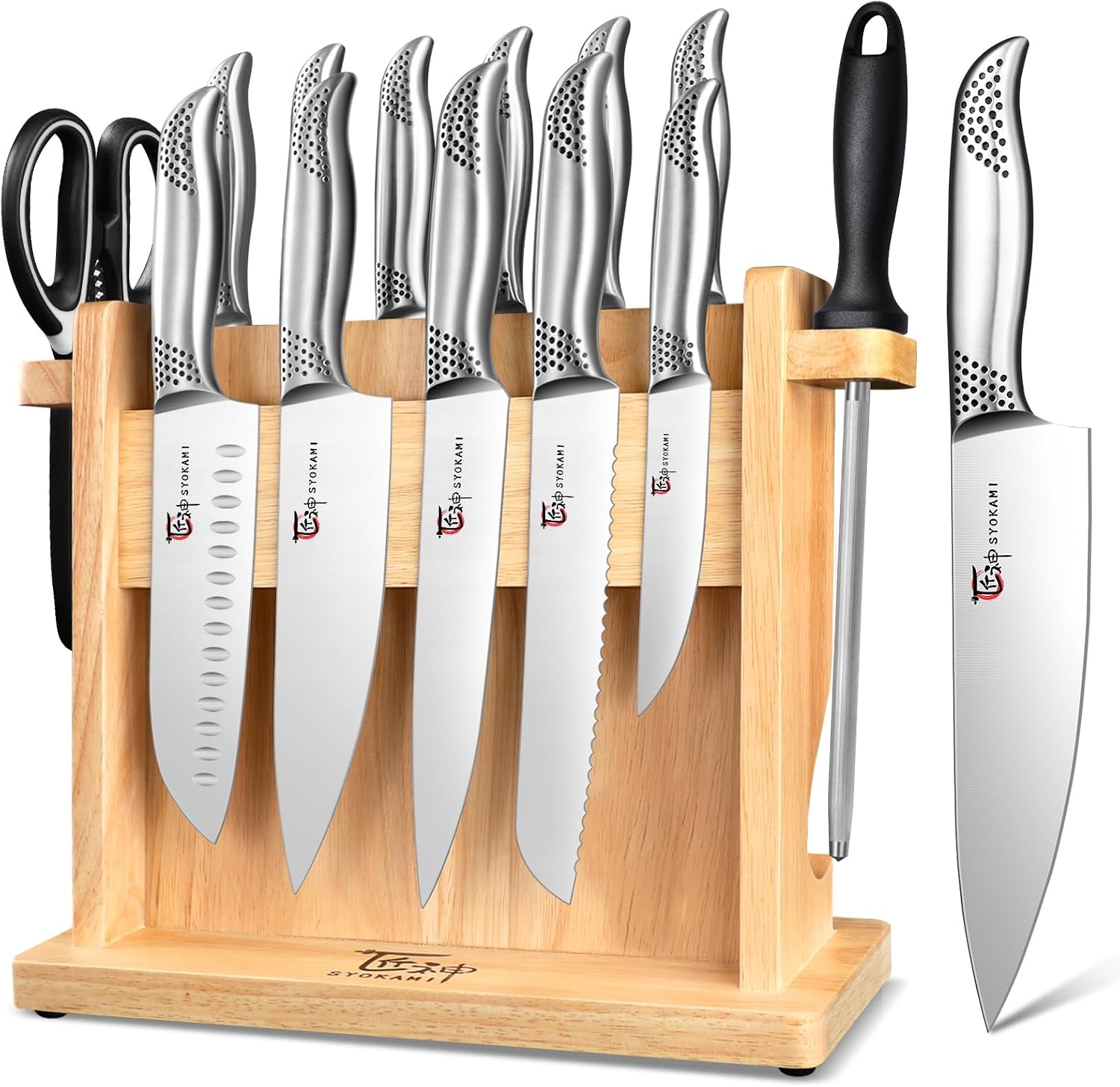 Kitchen Knife Set, Japanese Style Knife Set with Magnetic Block Holder, High Carbon Stainless Steel Sharp Knives Set for kitchen, Ergonomic Handle and Sharpener, 14 PCS Black Dot Kitchen Knife Set, Japanese Style Knife Set with Magnetic Block Holder, High Carbon Stainless Steel Sharp Knives Set for kitchen, Ergonomic Handle and Sharpener, 14 PCS Black Dot