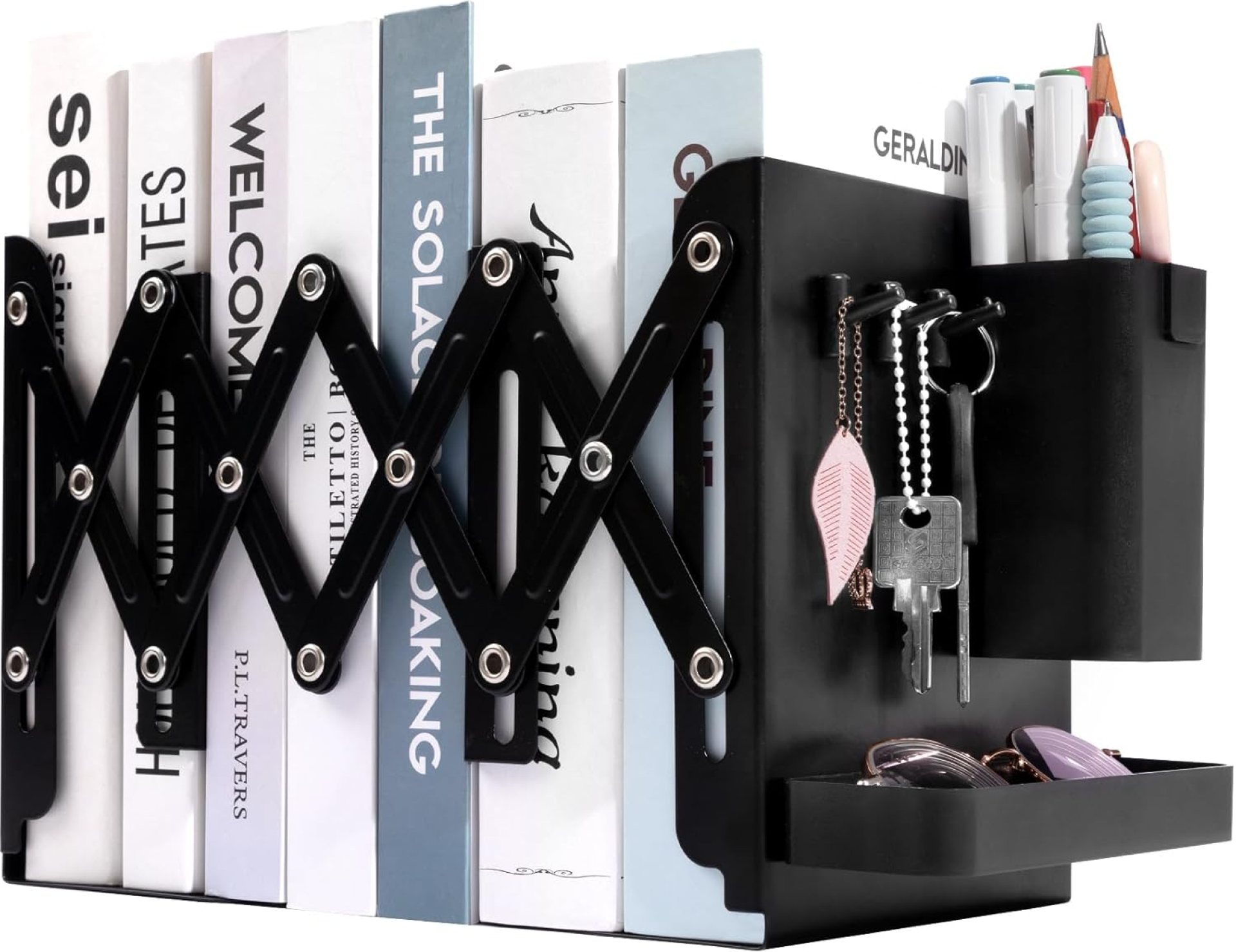 Adjustable Bookends, 19″ Metal Book Ends for Heavy Books, 2 Dividers Bookends with Removable Pen Holder, Tray, and 3 Hook-up, Book Organizer for Office, School, Bookstore, Home Adjustable Bookends, 19″ Metal Book Ends for Heavy Books, 2 Dividers Bookends with Removable Pen Holder, Tray, and 3 Hook-up, Book Organizer for Office, School, Bookstore, Home