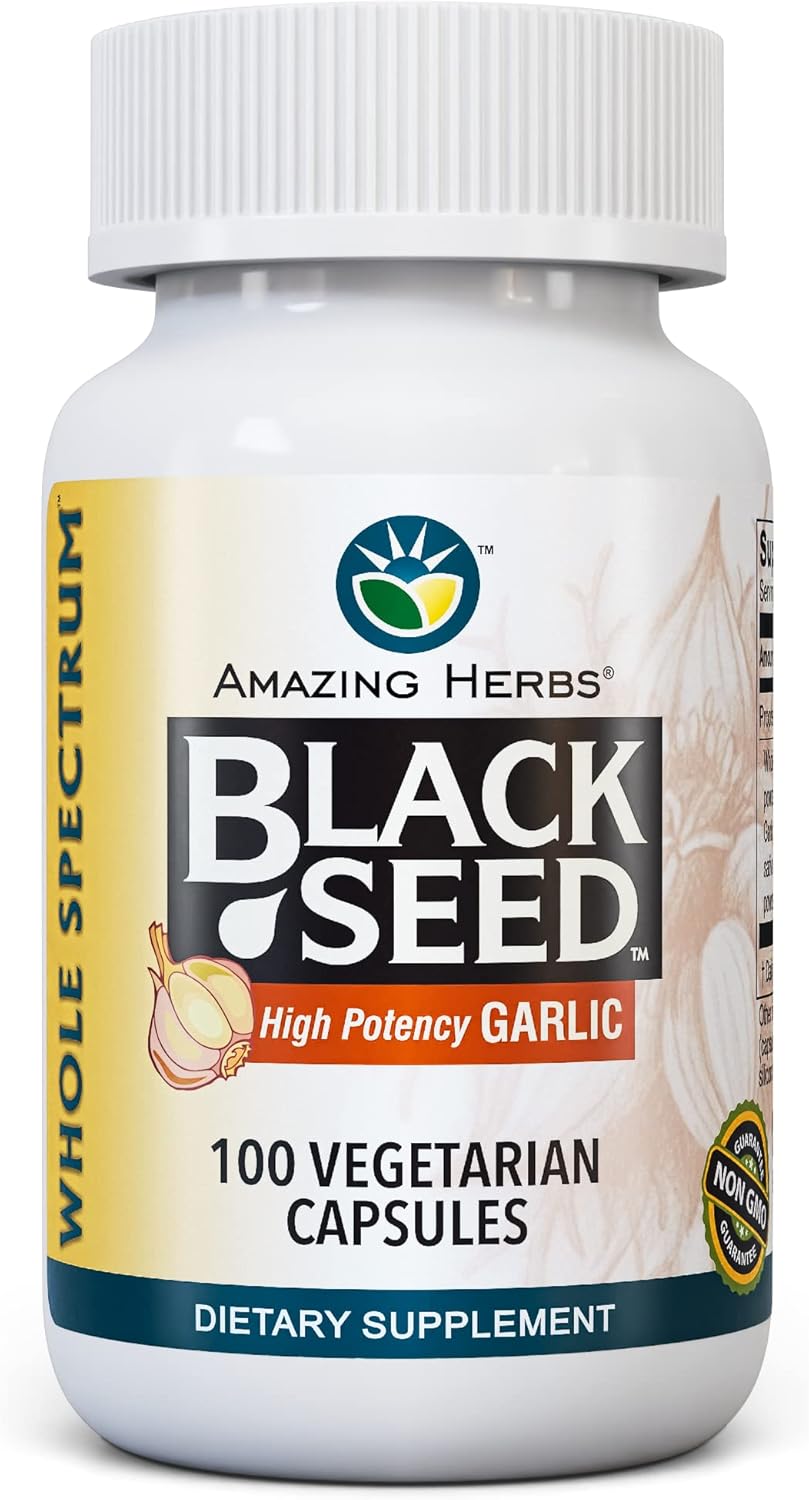 Amazing Herbs Whole Spectrum Black Seed & High Potency Garlic, Vegetarian Capsules – Gluten-Free, Non-GMO, Vegan, Supports Immune System, Lung Function, & Cardiovascular Health – 100 Count Amazing Herbs Whole Spectrum Black Seed & High Potency Garlic, Vegetarian Capsules – Gluten-Free, Non-GMO, Vegan, Supports Immune System, Lung Function, & Cardiovascular Health – 100 Count