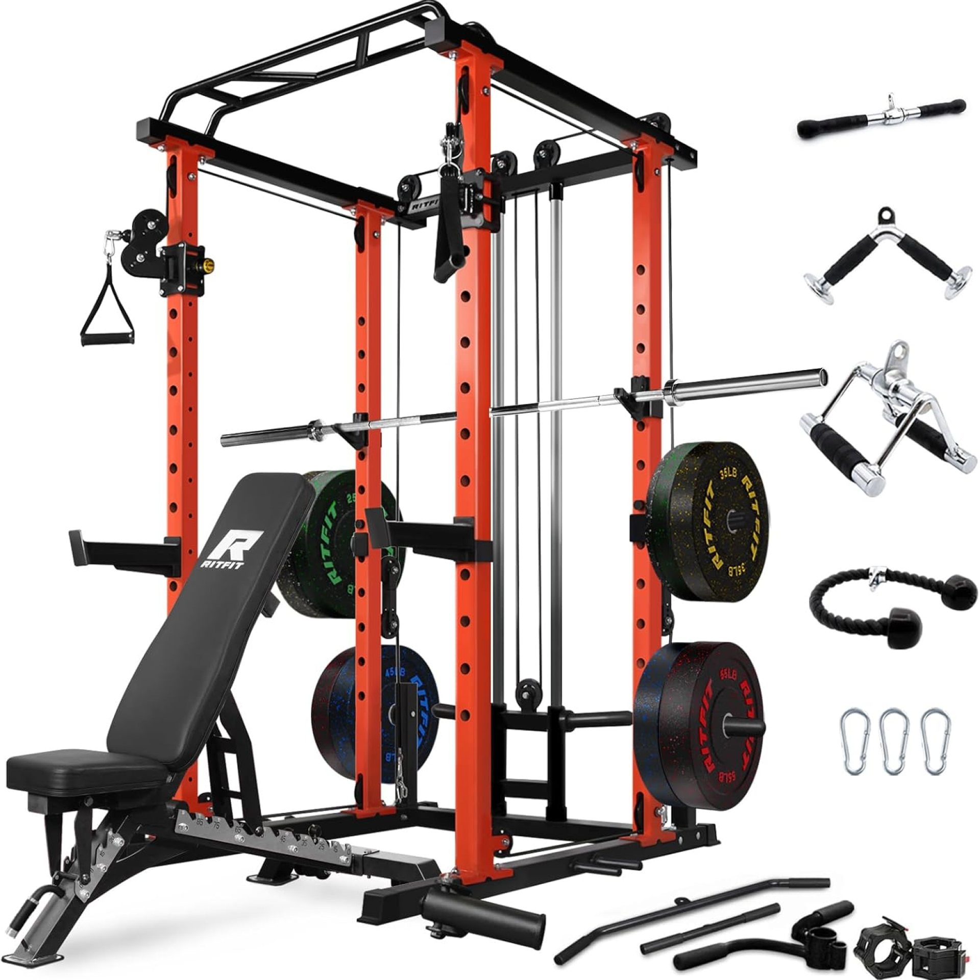 RitFit Power Cage with Optional LAT PullDown/Cable Crossover, 1000LB Squat Rack for Home & Garage Gym, with Weight Storage Rack and More Training Attachments, ASTM-Certified RitFit Power Cage with Optional LAT PullDown/Cable Crossover, 1000LB Squat Rack for Home & Garage Gym, with Weight Storage Rack and More Training Attachments, ASTM-Certified