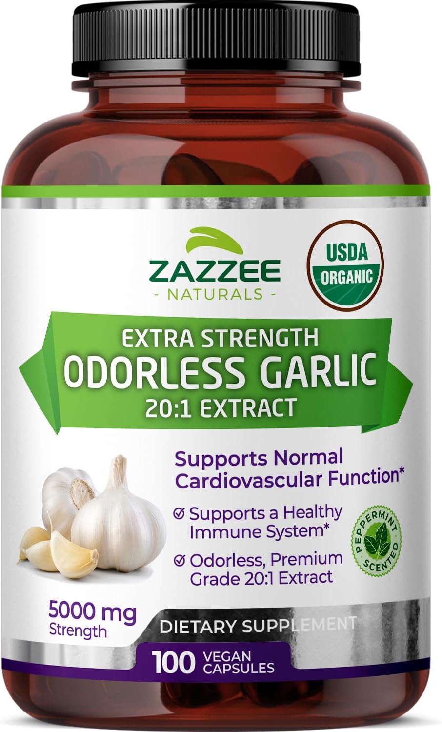 Zazzee USDA Organic Odorless Garlic 20:1 Extract, 5000 mg Strength, 100 Vegan Capsules, 3+ Month Supply, Standardized, Concentrated 20X Extract, 100% Vegetarian, All-Natural, Non-GMO, Made in The USA Zazzee USDA Organic Odorless Garlic 20:1 Extract, 5000 mg Strength, 100 Vegan Capsules, 3+ Month Supply, Standardized, Concentrated 20X Extract, 100% Vegetarian, All-Natural, Non-GMO, Made in The USA